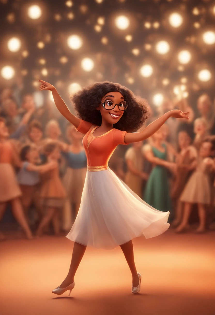 "(best quality,ultra-detalhado,Realistic:1.37),3D rendering,illustration,design de personagens,cabelos curtos e cacheados escuros,belos olhos detalhados,wearing white glasses,Estilo Pixar,morena mulher,Dancing on the Disney stage,atmosfera animada,vivid colors,luzes de palco,expression joyful"