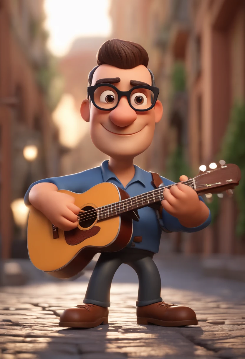 Cartoon character of a man with glasses , kalap, Com barba ,playing the guitar, um pouco gordinho,animation character, Caractere estilizado, animation style rendering, 3D estilizado, Arnold Maya render, 3 d render stylized, toon render keyshot, Personagem 3D, Personagem 3D, 3d rendering stylized, 3 d character render, personagem de desenho animado, Personagem de close up, Pose de personagem, (Estilo Pixar) (master part:1.2) (Bokeh) (best quality) (pele detalhada) (textura detalhada) (8k) (argila) (Cinematic lighting) (foco nítido