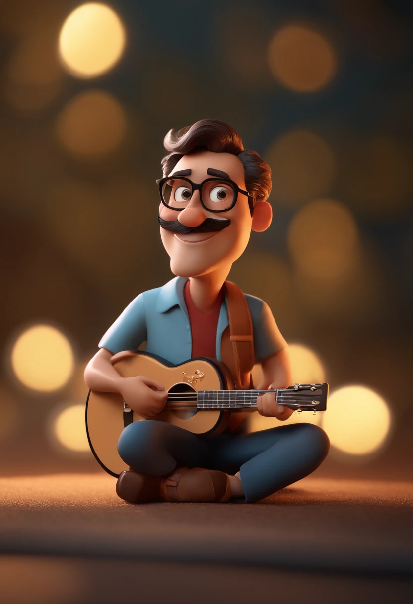 Cartoon character of a man with glasses , kalap, Com barba ,playing the guitar, um pouco gordinho,animation character, Caractere estilizado, animation style rendering, 3D estilizado, Arnold Maya render, 3 d render stylized, toon render keyshot, Personagem 3D, Personagem 3D, 3d rendering stylized, 3 d character render, personagem de desenho animado, Personagem de close up, Pose de personagem,  (Estilo Pixar) (master part:1.2) (Bokeh) (best quality) (pele detalhada) (textura detalhada) (8k) (argila) (Cinematic lighting) (foco nítido