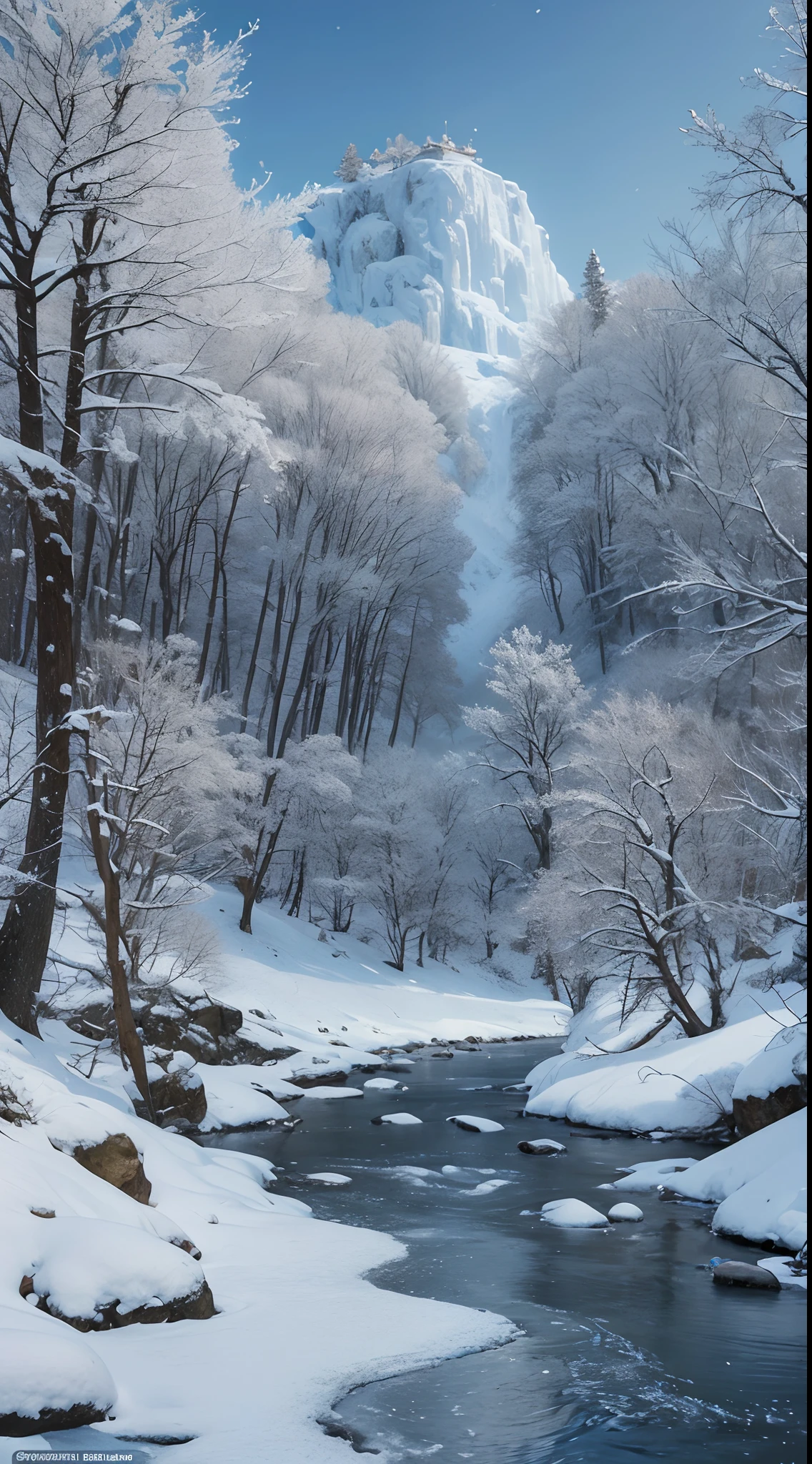 snowy landscape with a river and trees in the middle of it, winter scene fantasy, background artwork, snowy landscape, winter concept art, snowy environment, beautiful snowy landscape, snow landscape, snow landscape background, 4k highly detailed digital art, 8k high quality detailed art, cold snowy, surreal frozen landscape, winter landscape, mystic winter landscape, 4k hd matte digital painting --auto