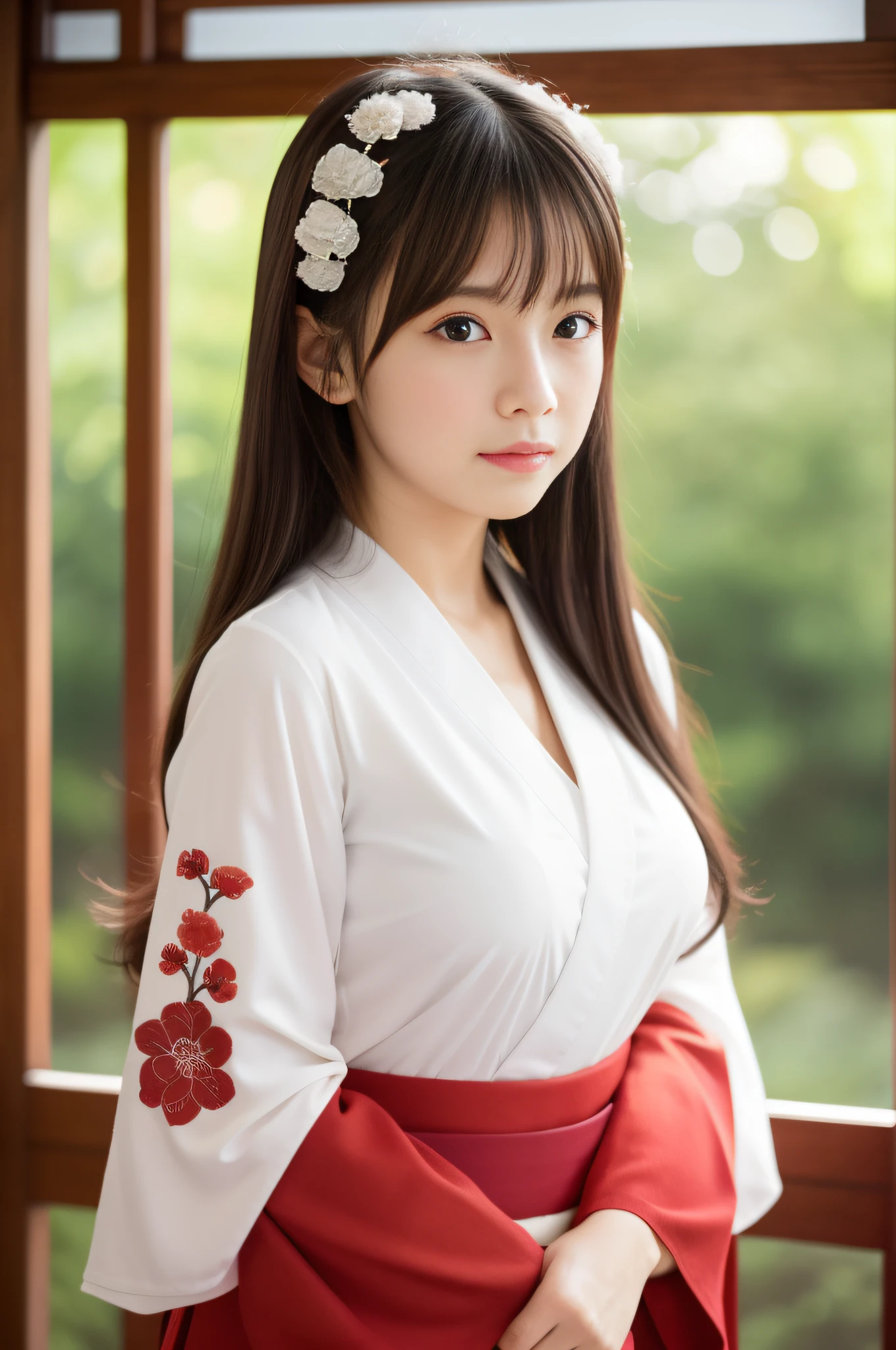 All photos of in white shirts and red skirts、　 wearing hakama、　komono,、　traditional、　hakama kimono、　Japanese style、　intricate hakama、　white hanfu、　（Super cute girl in the S class at the shrine）、　chest、　Hakata Hakama、　tits out、　cleavage of the breast、　（Highly detailed photos of CG Unity 8K）、　（Very detailed very cute girl）、　（Ultra-realistic photos）、　（（One  S Class Super Cute Girl））、　（（top-quality））、　ultra-detailliert、　​masterpiece、（roundly eyes）、　Breasts are large、　viewer、　Very beautiful straight hair、　A dark-haired、　Woman with a gentle atmosphere、　Bright photo、　20yr old