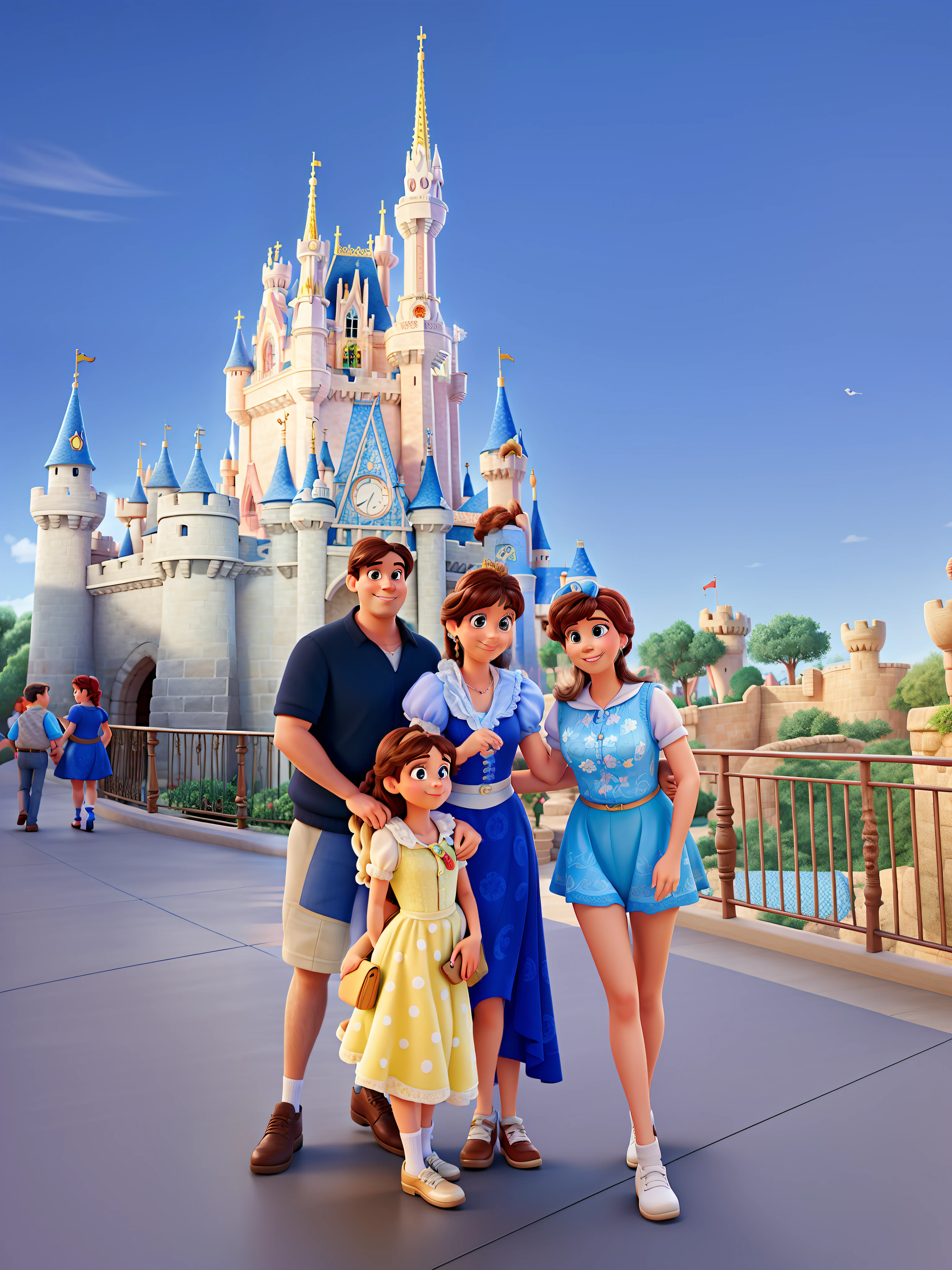 Um cartaz estilo Disney Pixar. A family with father, mother and two daughters in front of Cinderella's Castile at Disney.