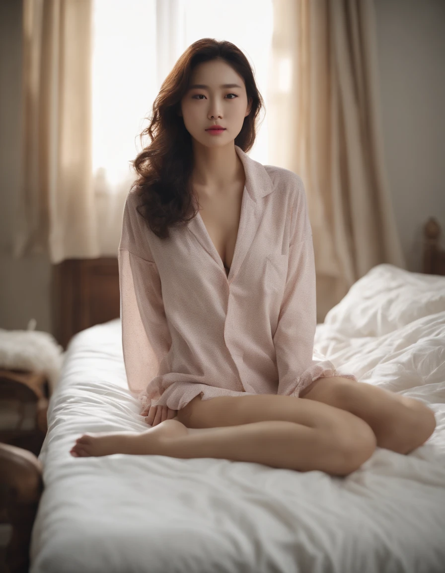 8k, masterpiece, (photorealistic:1.5), a hyper realistic portrait of a young korean girl, wearing pajamas with long sleeves, (laying back on a bed in the morning, sleep pose), lustly face, blushing, a bit opened mouth, sigh, brunette messy curly hair, sagging boobs, large breast, wet slim body, streching abs, sweaty, long legs, enjoy masturbation, thick droplet on thigh, dynamic lighting, deep shadow, natural colours, movie grain