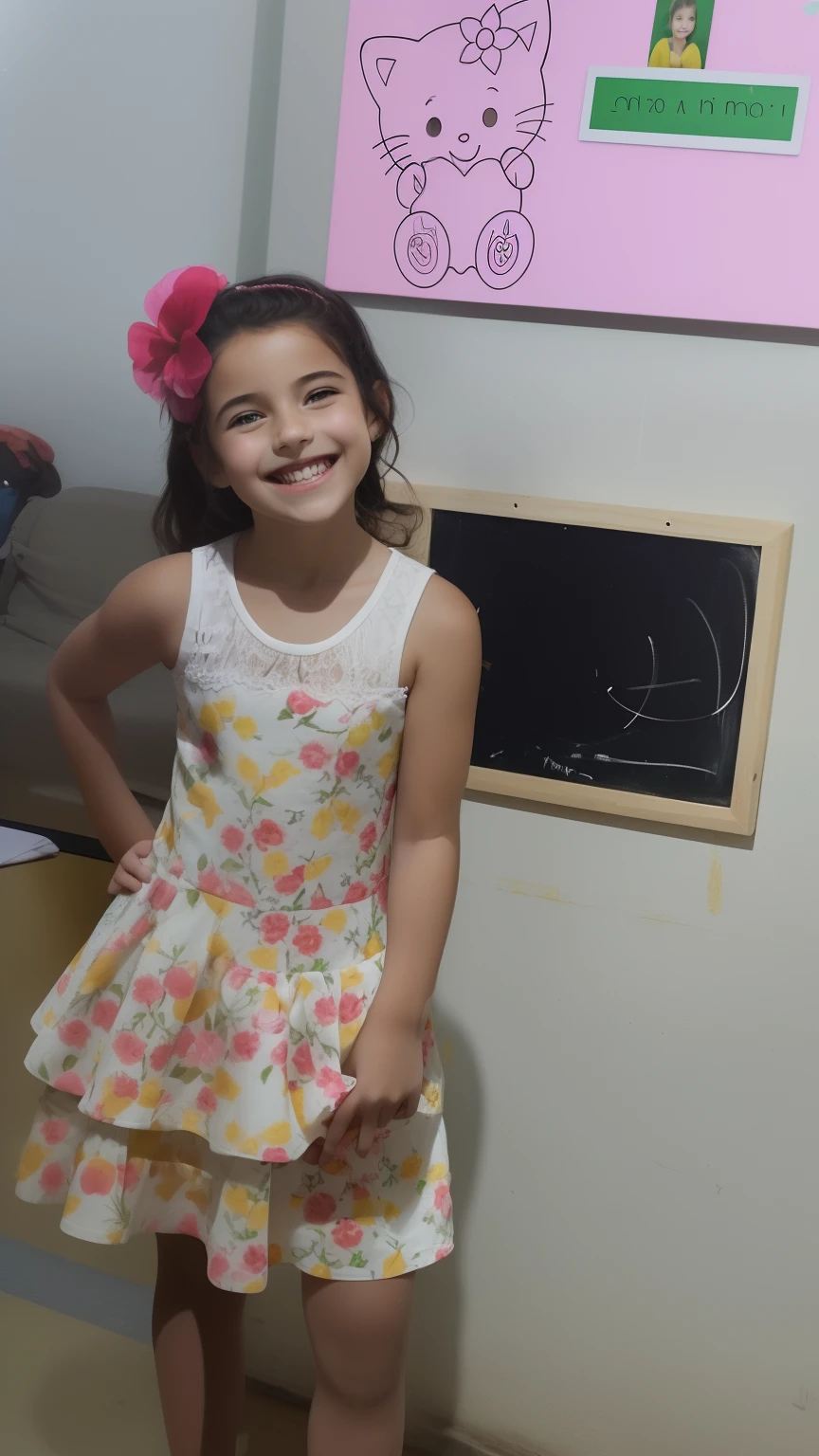 There's a standing in front of a chalkboard, she is smiling and excited, she is smiling and happy, com um lindo sorriso, Directed by: Nandor Soldier, She is grinning, bonito e sorridente, ela expressando alegria, vestido com um vestido de flor, grande sorriso em seu rosto, menina feliely smile, sorriso doce, quatro anos