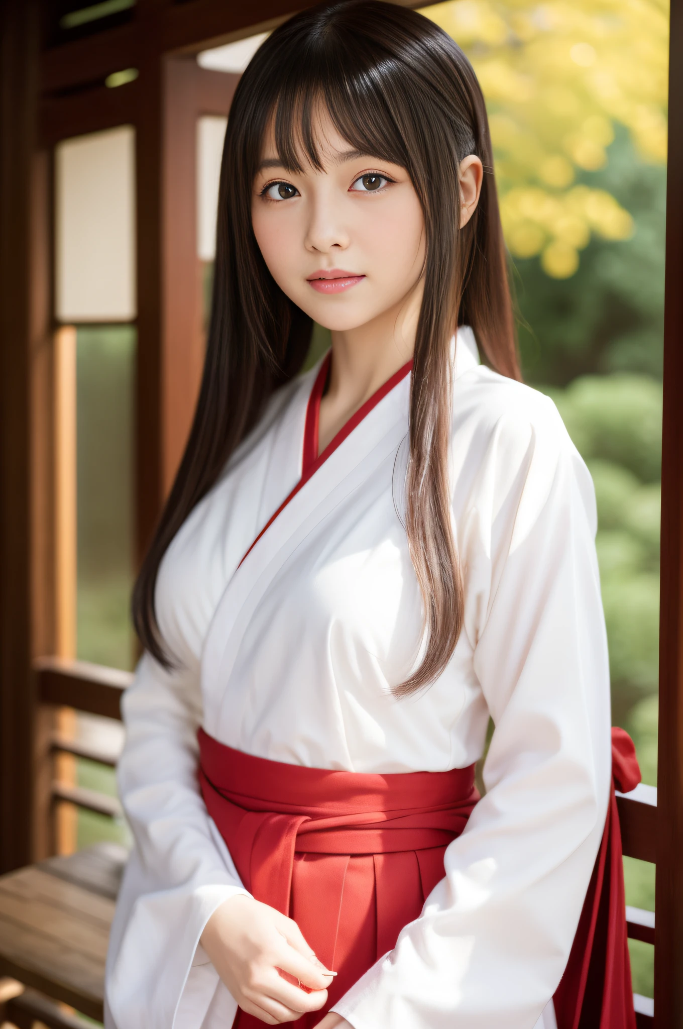 8K、Detailed Description、Very high definition、Realistic、reality的、Real、live-action、reality、High resolution、Nogizaka46、japanese idol,beautiful girl、21 years old、profile,Snow Scene、Dark brown eyes、shrine maiden outfit,shurine,shrine、Shrine maiden、Shrine maidenの衣装、Mouth closed、Long Hair、Knee-up-top angle of view、Back view、look back、Very black hair、pretty girl、Beauty、Glowing Skin、Glowing Skin、Shiny Hair、Very white skin、Heavy makeup、Large Breasts、Slit eyes、Big Eyes、Double eyelids、Don&#39;t show your teeth、smile