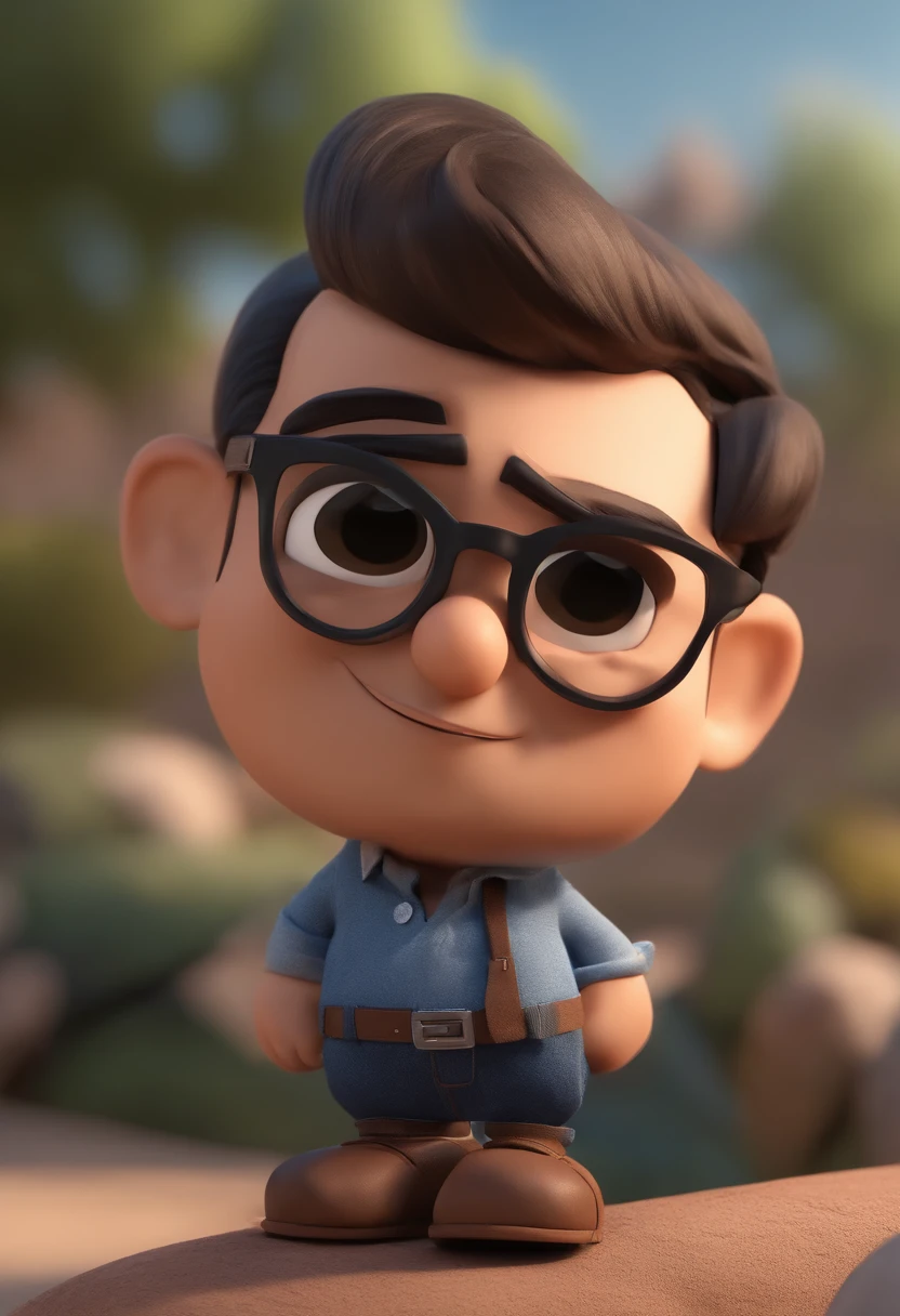Cartoon character of a man with retnagular black glasses and a blue shirt, Denim Jeans Pants, nobuck marrom, cabelos loiros penteados de lado, animation character, Caractere estilizado, animation style rendering, 3D estilizado, Arnold Maya render, 3 d render stylized, toon render keyshot, Personagem 3D, Personagem 3D, 3d rendering stylized, 3 d character render, personagem de desenho animado, Personagem de close up, Pose de personagem, (Estilo Pixar) (master part:1.2) (Bokeh) (melhor qualidade) (pele detalhada) (textura detalhada) (8k) (argila) (Cinematic lighting) (foco nítido