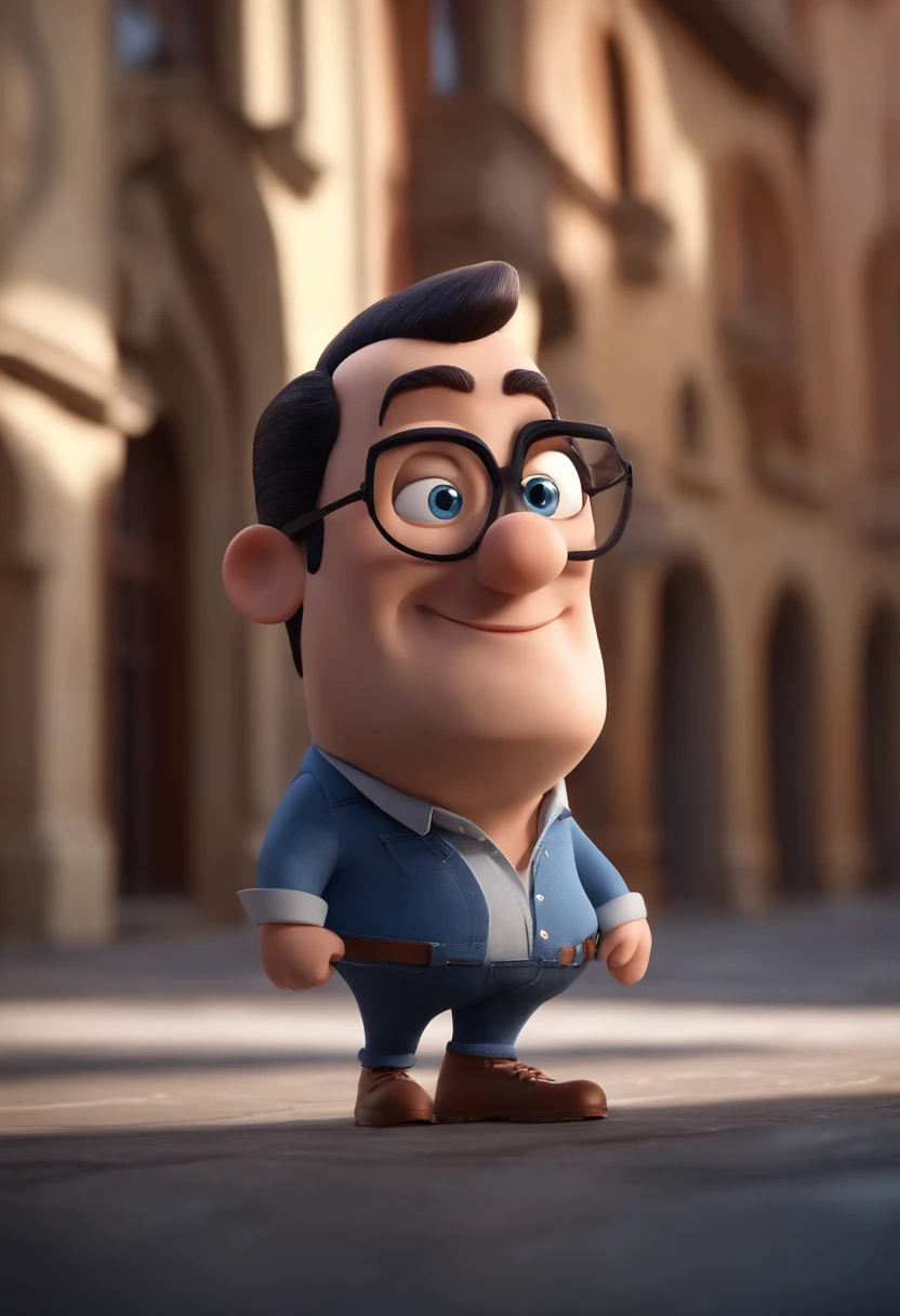 Cartoon character of a man with retnagular black glasses and a blue shirt, Denim Jeans Pants, nobuck marrom, cabelos loiros penteados de lado, animation character, Caractere estilizado, animation style rendering, 3D estilizado, Arnold Maya render, 3 d render stylized, toon render keyshot, Personagem 3D, Personagem 3D, 3d rendering stylized, 3 d character render, personagem de desenho animado, Personagem de close up, Pose de personagem, (Estilo Pixar) (master part:1.2) (Bokeh) (melhor qualidade) (pele detalhada) (textura detalhada) (8k) (argila) (Cinematic lighting) (foco nítido