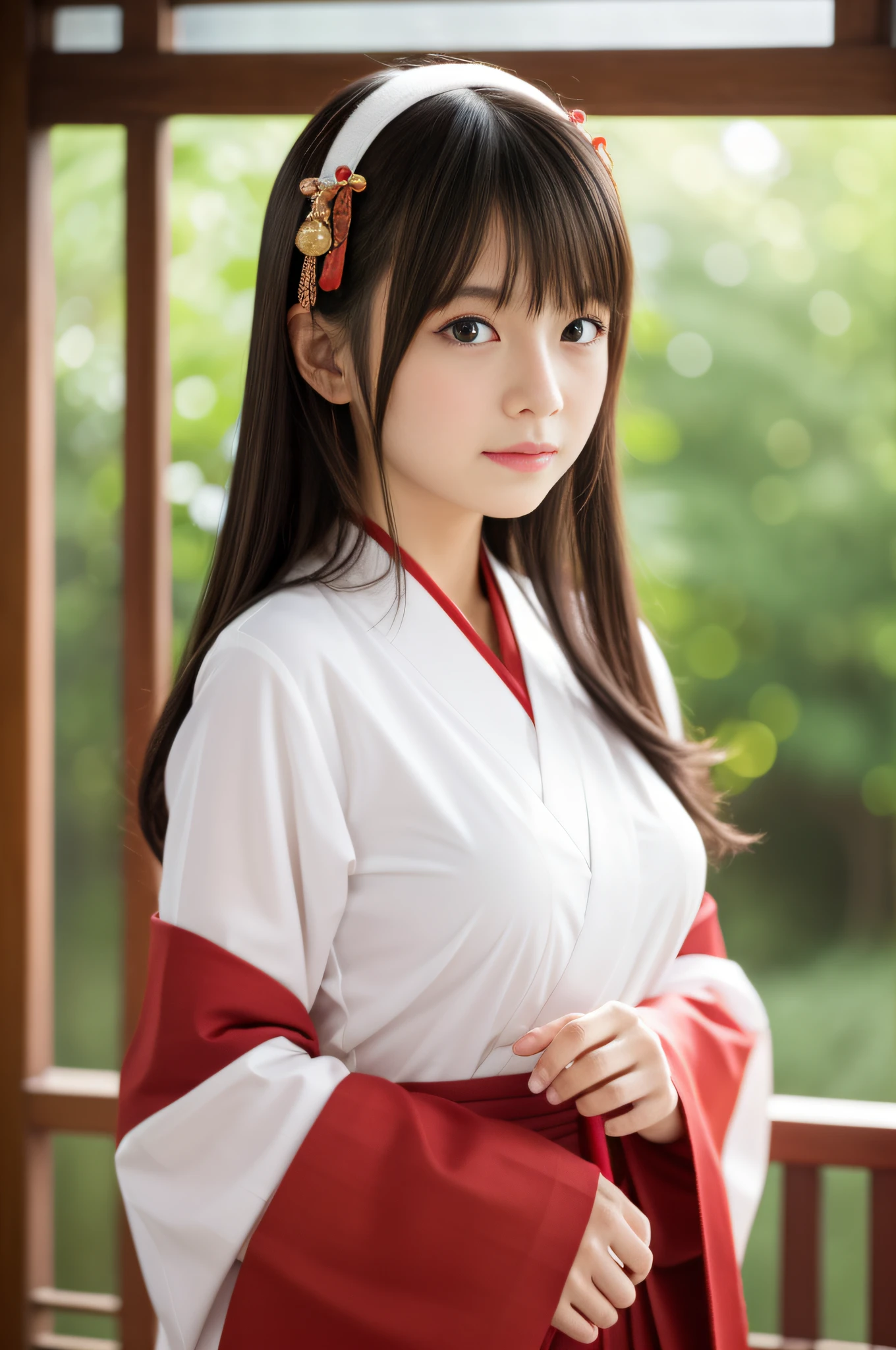 Woman in white shirt and red skirt、 Wearing Hakama、 komono,、 traditional、 hakama kimono、 Japanese style、 intricate hakama、 white hanfu、 (Super cute girl in the S class at the shrine)、 chest、 (Highly detailed photos of CG Unity 8K)、 (Very detailed very cute girl)、 (Ultra-realistic photos)、 ((One li S Class Super Cute Girl))、 ((top-quality))、 ultra-detailliert、 masterpiece、(roundly eyes)、 Breasts slightly larger、 viewer、 Very beautiful straight hair、 A dark-haired、 Woman with a gentle atmosphere、 Bright photo、 20yr old