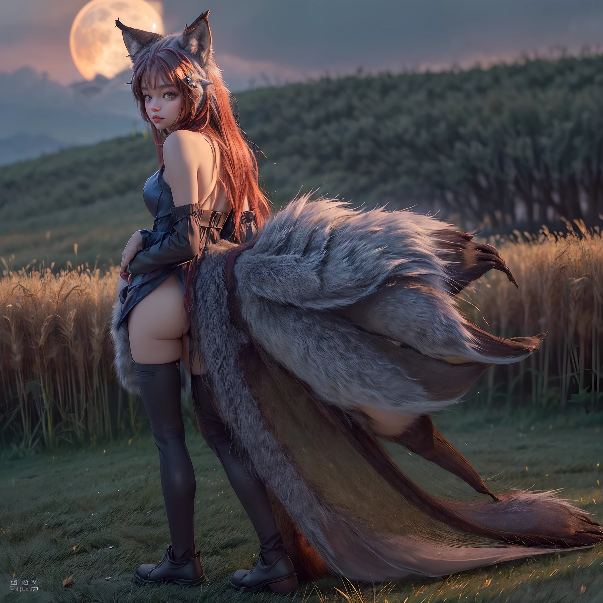 (((SFW, NSFW STILL SHOW, Holo the wise wolf、Spice and wolf、Cosplay))), (with dignified tail, Ass focus), (masterpiece:1.2, best quality, photorealistic:1.37), {(Standing Full Body:1.2)|(from below:1.2)},extremely Detailed, Wheat field, bloody moon,