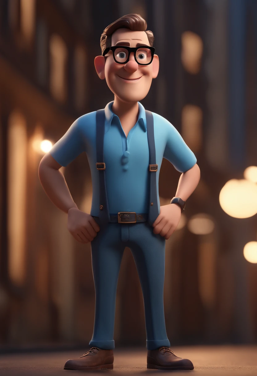Cartoon character of a man with black glasses and a blue shirt, animation character, Caractere estilizado, animation style rendering, 3D estilizado, Arnold Maya render, 3 d render stylized, toon render keyshot, Personagem 3D, Personagem 3D, 3d rendering stylized, 3 d character render, personagem de desenho animado, Personagem de close up, Pose de personagem, (Estilo Pixar) (master part:1.2) (Bokeh) (best quality) (pele detalhada) (textura detalhada) (8k) (argila) (Cinematic lighting) (foco nítido