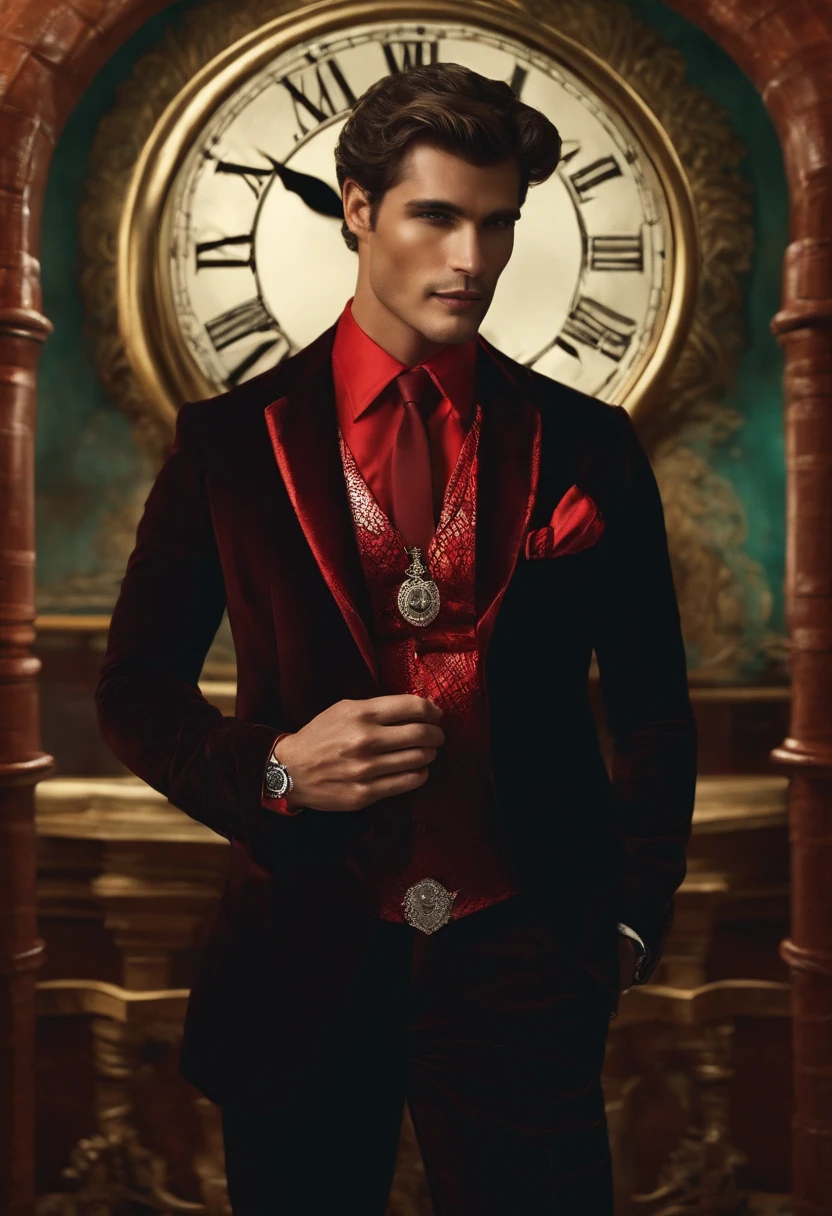 Um Homem magro e mau com um sorriso macabro, vestido com um smoking vermelho brilhantem, Half serpent body looking forward holding a hypnosis watch in hand, His face has reptilian features