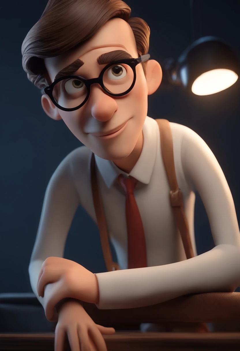 Cartoon character of a man wearing black glasses and a blue shirt, um personagem animado, Caractere estilizado, animation style rendering, 3D estilizado, Arnold Maya render, 3 d render stylized, toon render keyshot, Personagem 3D, Personagem 3D, 3d rendering stylized, 3 d character render, personagem de desenho animado, Personagem de close up, Pose de personagem, (Estilo Pixar) (master part:1.2) (Bokeh) (best quality) (pele detalhada) (textura detalhada) (8k) (argila) (Cinematic lighting) (foco nítido，Senta e vaza a parte superior do corpo