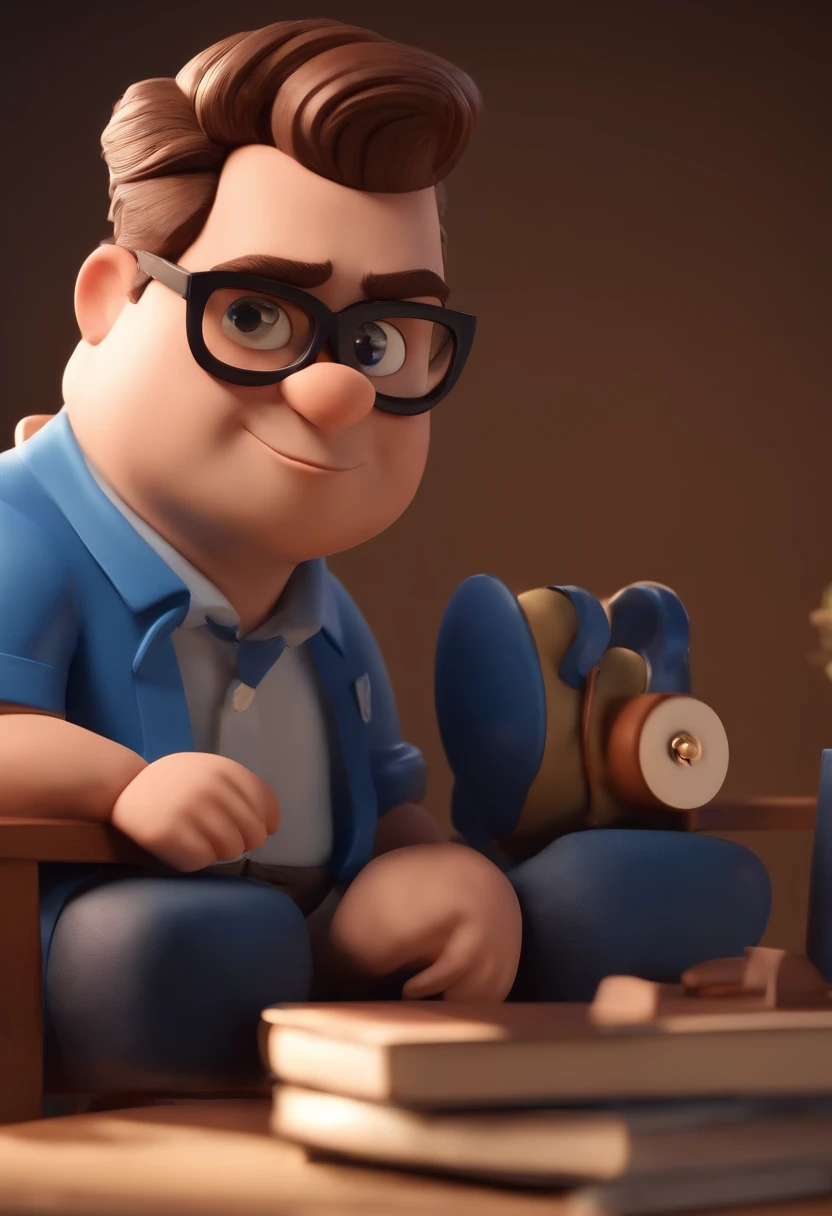 Cartoon character of a man wearing black glasses and a blue shirt, um personagem animado, Caractere estilizado, animation style rendering, 3D estilizado, Arnold Maya render, 3 d render stylized, toon render keyshot, Personagem 3D, Personagem 3D, 3d rendering stylized, 3 d character render, personagem de desenho animado, Personagem de close up, Pose de personagem, (Estilo Pixar) (master part:1.2) (Bokeh) (best quality) (pele detalhada) (textura detalhada) (8k) (argila) (Cinematic lighting) (foco nítido,Senta e vaza a parte superior do corpo