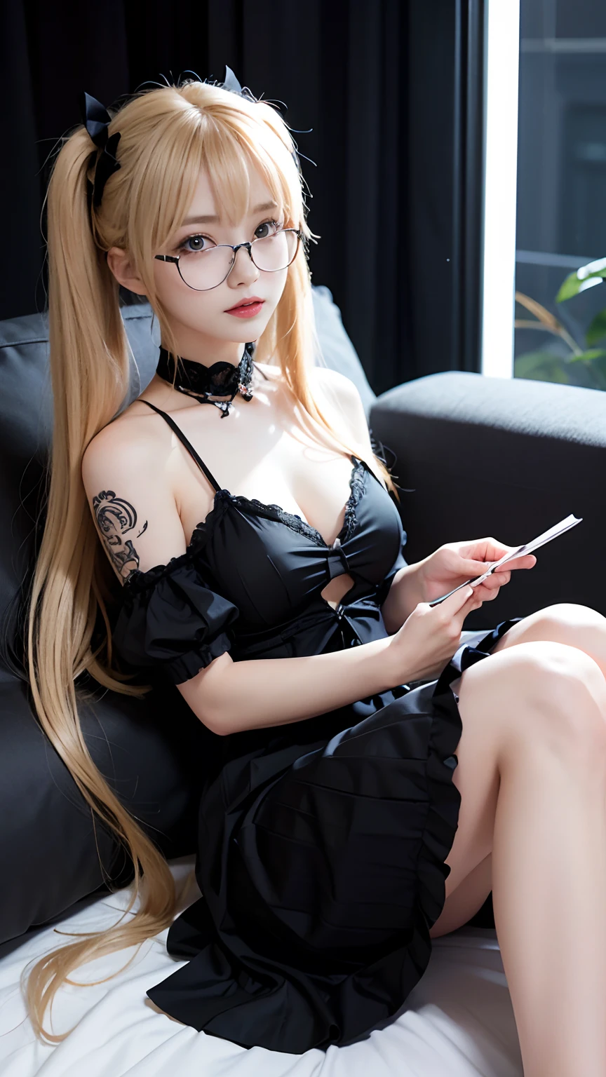 misa amane, Death, Blonde, Twin tail hair, Black Ribon, gothic dress, Short skirt, no sleeves, Holding a Deat note in hand、1girll,（Captivating quality：1.4），（True textured skins of the highest quality), Delicate face,Black hair, Gradient Hair, petite body,（perfect bodies：1.1）, There is a jewel on the forehead, rimless eyewear, PUPILS SPARKLING，long eyelasher,grin, hyperphotorealism, Cinematic lighting, projected inset, surrealism, hyper HD, masutepiece, 16 K，Lie down，Dream On，Please wear clear silk pajamas,Carmelto,legs slightly open，tattooed，Fantasy space，Luxurious space