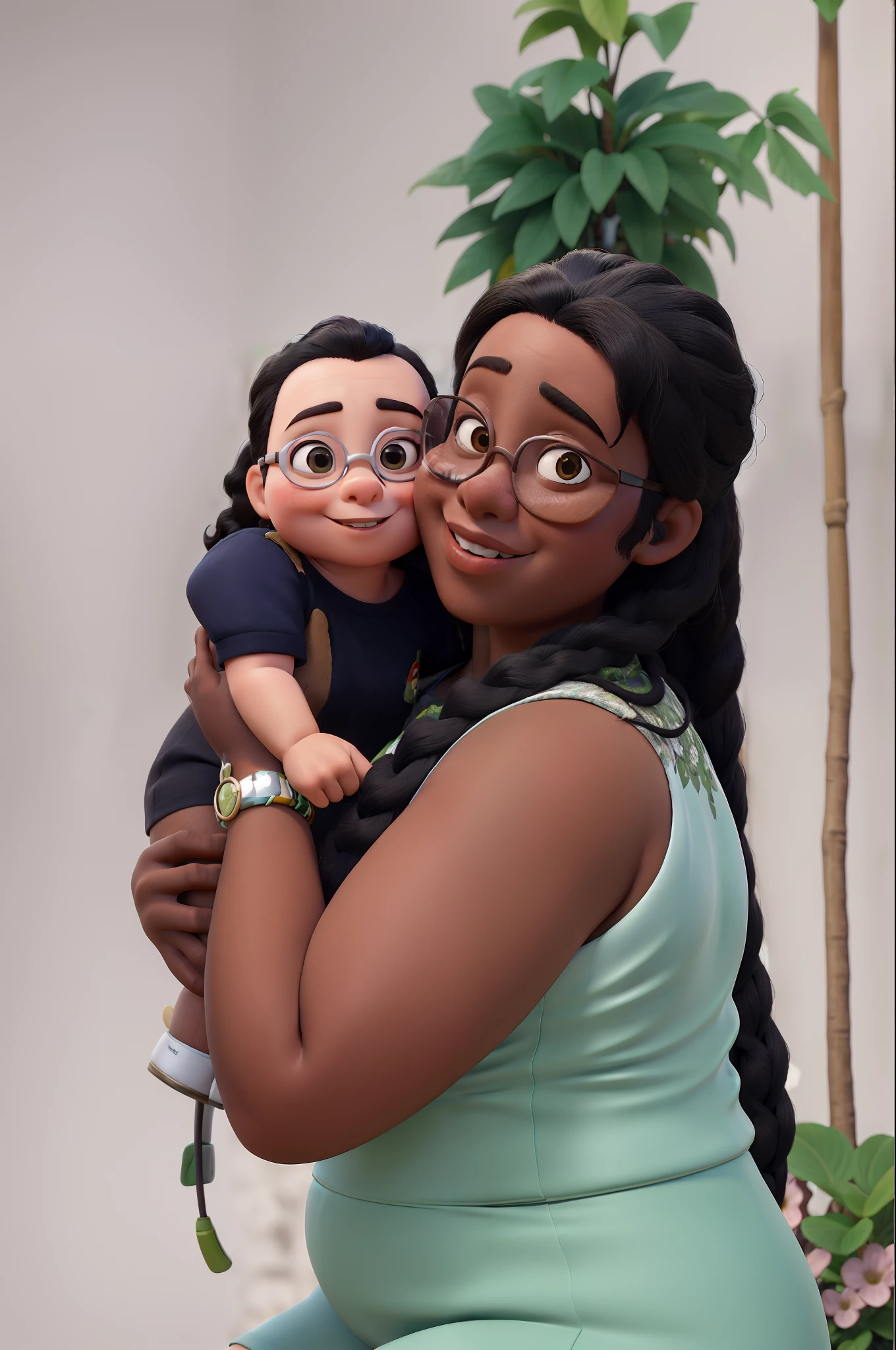 mulher,cabelo japonesa,  pele negra, wearing goggles, corpo gordo, com vestido verde, with the baby on your lap, Lap baby , com a pele branca cabelo liso rasteiro, castanho claro, without glasses , with forest background with trees and flowers