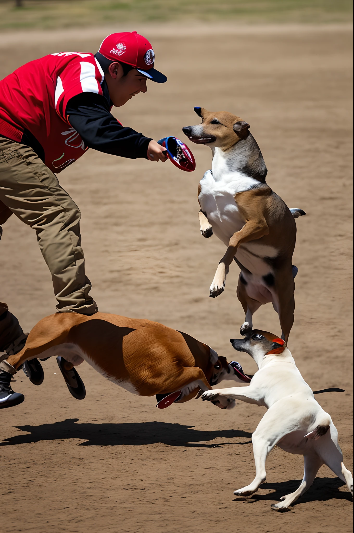 A girl with short hair and a red volleyball shirt with the number 26 and red volleyball pants,Black Hair,Bangs,A girl with hair about to her neck plays volleyball with a white puppy,Girl throwing volleyball upward,Puppy facing up trying to catch a ball,Sticking out tongue happily,The background is blue sky, white clouds and butterflies flying