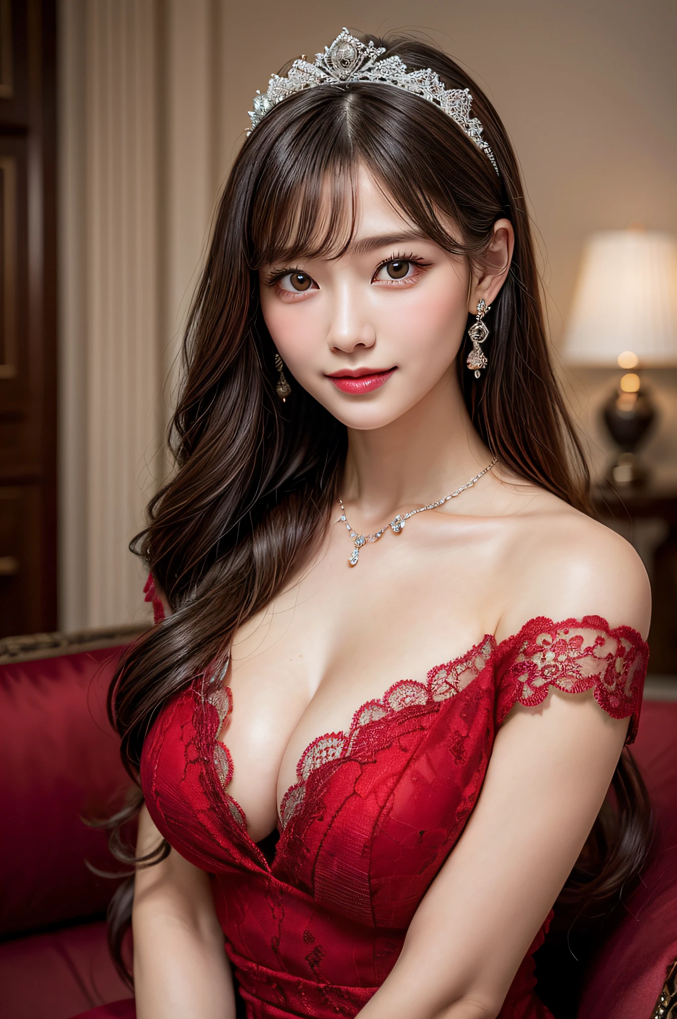 (1girl), Updo hairstyle, Princess, Extremely cute face, Amazing face and eyes, (Highly detailed eyes, Highly detailed face), fresh, Very clean appearance, (Hyper-realistic, hight resolution), (Best Quality:1.4), (hyper quality), Authentic skin texture, Raw photo, (Realistic, Photorealsitic:1.37), highly detailed, Professional Photography, (beautiful lace red dress:1.5), (lace red dress with open front), (cleavage:1.2), (Bare shoulders), Smile slightly, (Staring at me), luxurious tiara, luxury accessories, necklaces and earrings, (luxury living room:1.3), girl portrait,