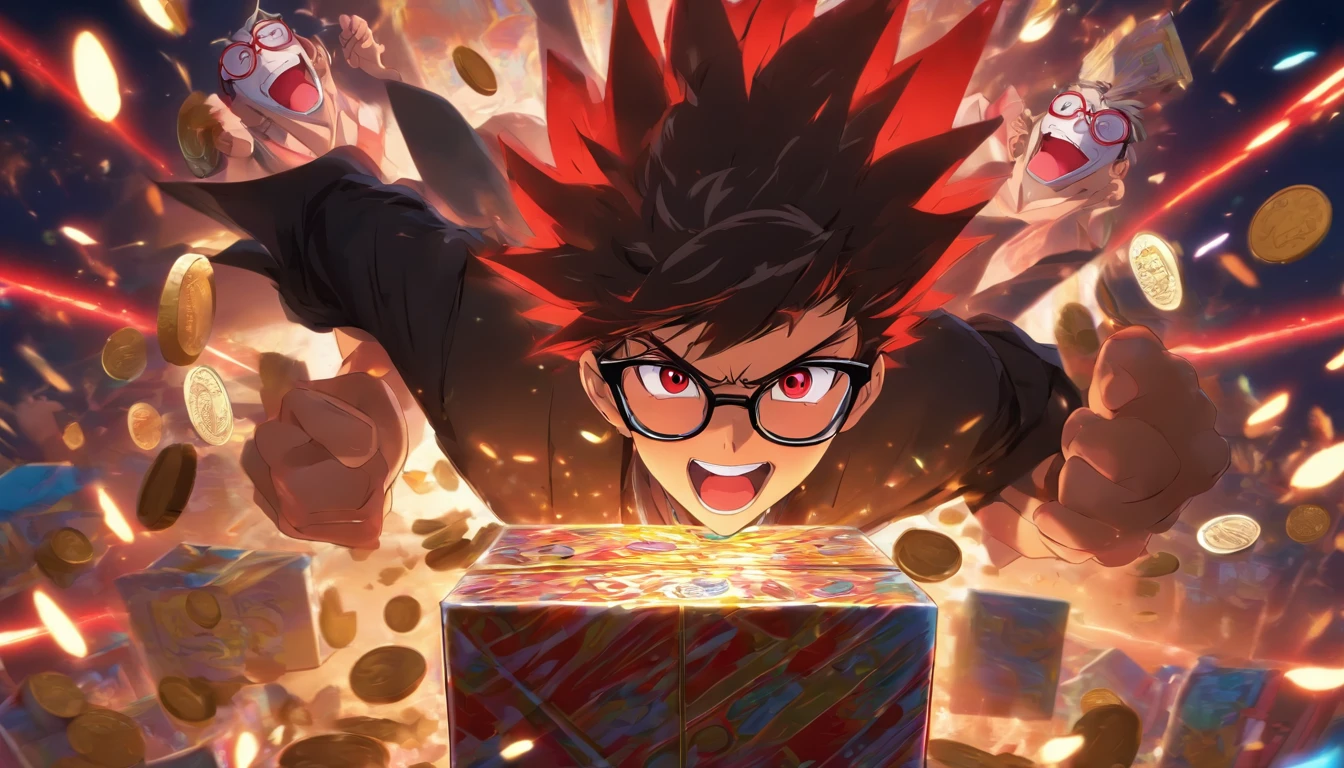 A black, Short-haired boys with red eyes wear glasses, Happy to open the surprise box, Coins popping out