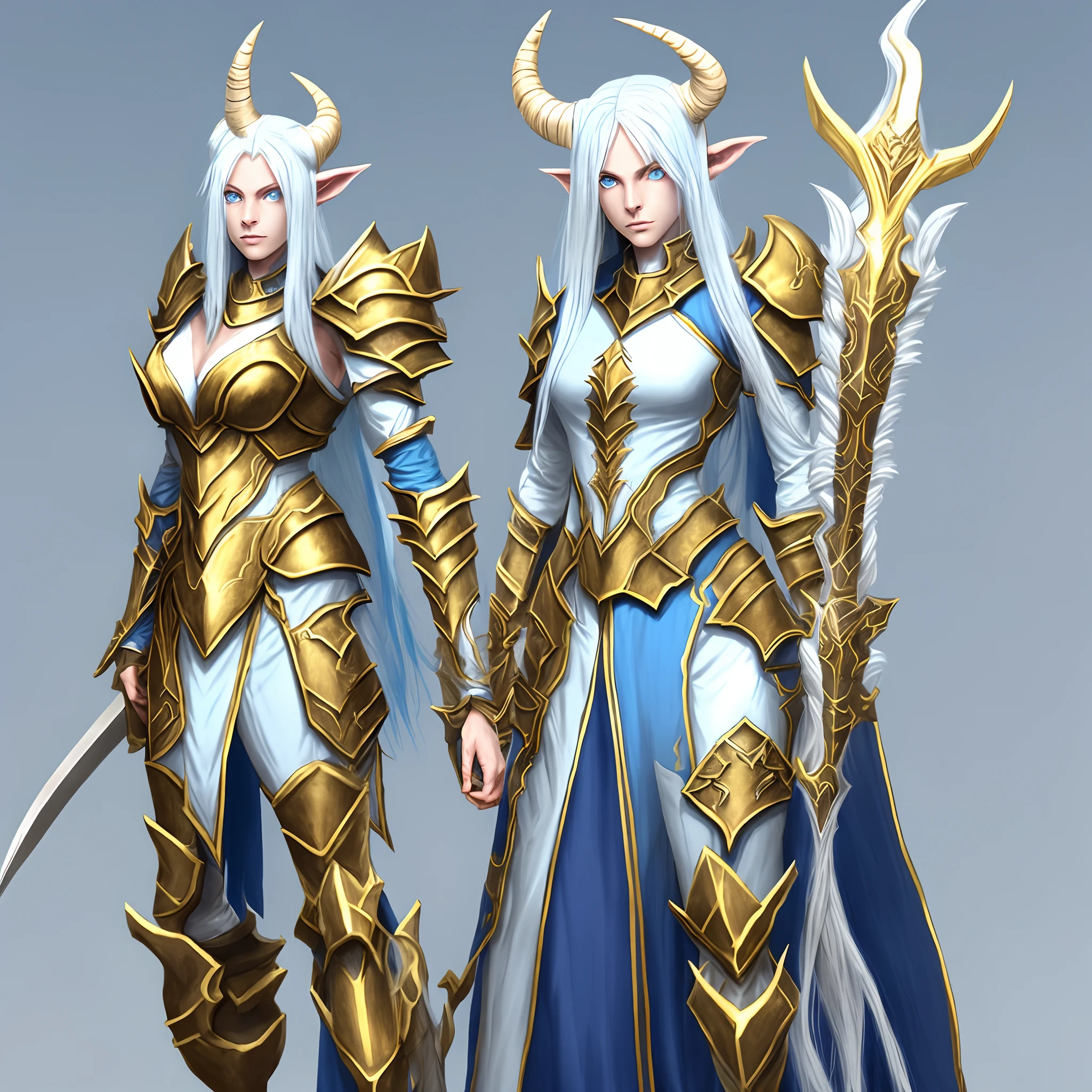 Female Mephistopoles Tiefling, age 25, skin light blue, long white hair, golden eyes, two beige horns, paladin heavy armor