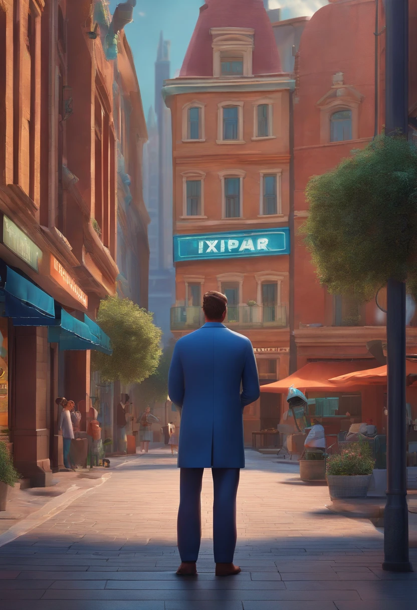 Pixar 3D style drawing of a slimming clinic in the city center with a character in the foreground