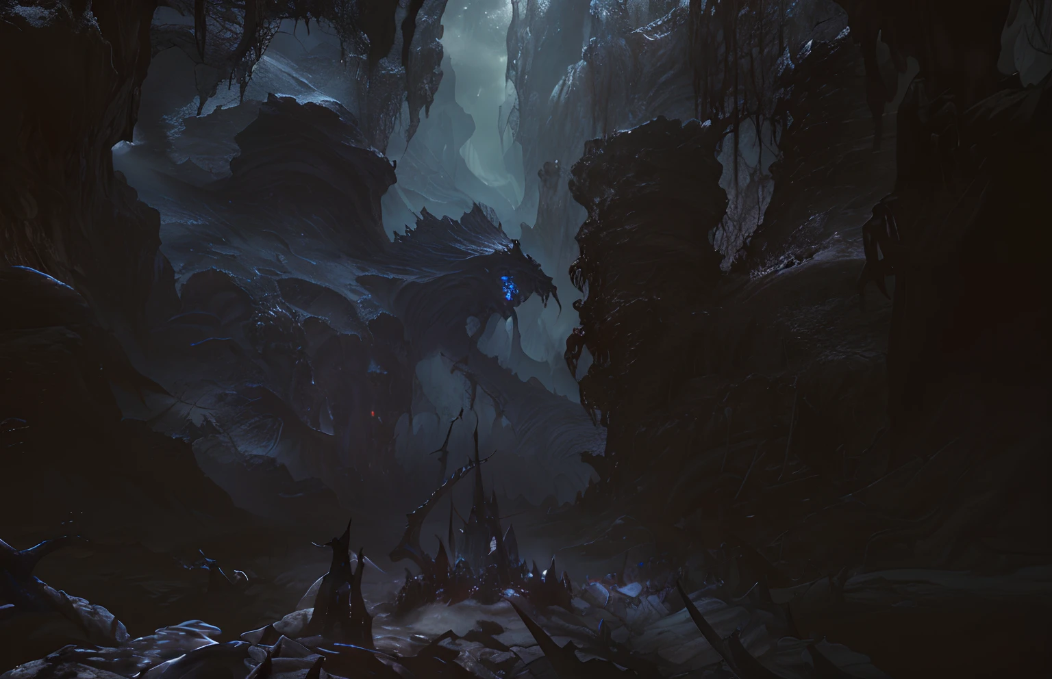 dark fantasy environment, 8 k matte painting, 8k matte painting, photorealistic dark concept art, deep environment, elden ring cinematic lighting, detailed cinematic rendering, 3 d render and matte painting, 3d rendered matte painting, fantasy style 8 k octane render, 4 k matte painting, A creepy cave,bronze,sacrifice,a bronze sculpture