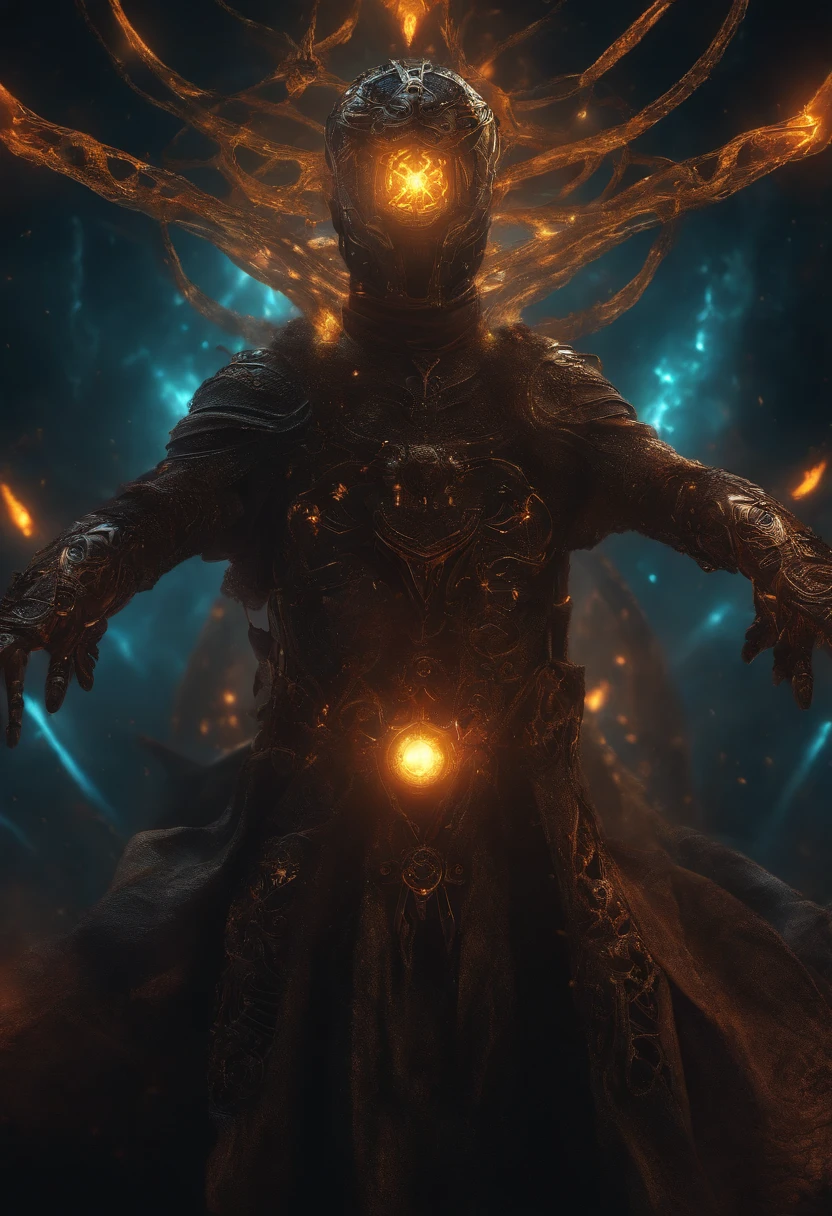 GROAT, KING, HERO, glowing light eyes, Biomechanical, eerie, Creepy, nightmarish, Very bright colors, Light particles, with light glowing, Mshiff, wallpaper art, UHD wallpaper