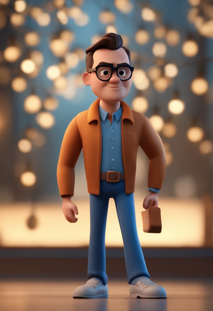 Cartoon character of a man with black glasses and a blue shirt, animation character, Caractere estilizado, animation style rendering, 3D estilizado, Arnold Maya render, 3 d render stylized, toon render keyshot, Personagem 3D, Personagem 3D, 3d rendering stylized, 3 d character render, personagem de desenho animado, Personagem de close up, Pose de personagem,  (Estilo Pixar) (master part:1.2) (Bokeh) (best quality) (pele detalhada) (textura detalhada) (8k) (argila) (Cinematic lighting) (foco nítido