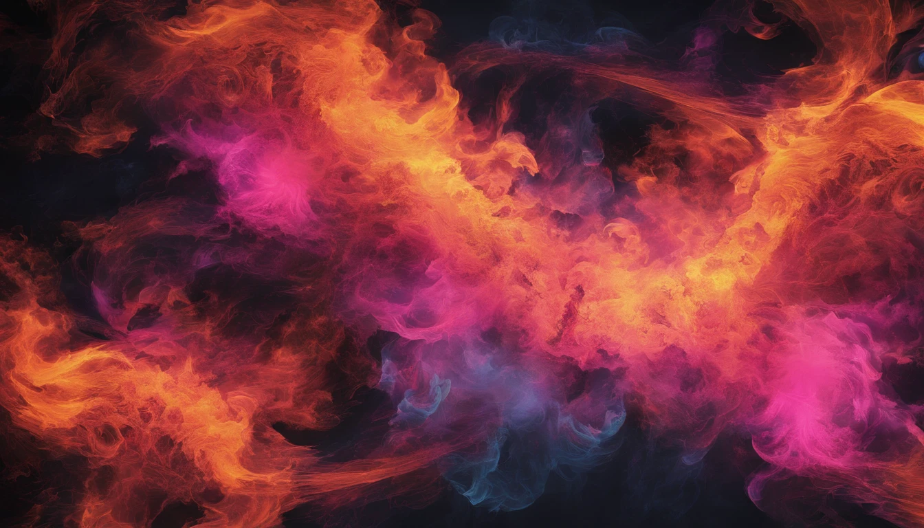 explosions、Half Blue Flame、Pink Flame、Close-up of fire on black background and black background, Frame fractals, Highly detailed generative art, Flame texture, Complex overlay flame image, Hell Background, abstract paintings. 8K, Fractal fire background, Swirling flames in the background, Paint pours smoke, swirling fire, Digital Art 4K Anxiety, Some smoke and fire, houdini algorithm generative art,fluids