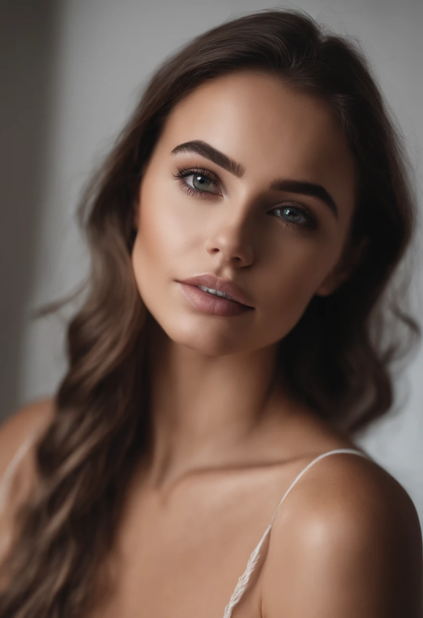 Femme Arafed complètement , fille sexy aux yeux bruns, ultra réaliste, Méticuleusement détaillé, Portrait Sophie Mudd, cheveux bruns et grands yeux, Selfie d’une jeune femme, Yeux de chambre, Violet Myers, sans maquillage, maquillage naturel, Regarder directement la caméra, Visage avec Artgram, Maquillage subtil, Superbe photo du corps entier agenouillée sur le lit, dans la chambre, Buste de taille moyenne à grande, regarde la camera