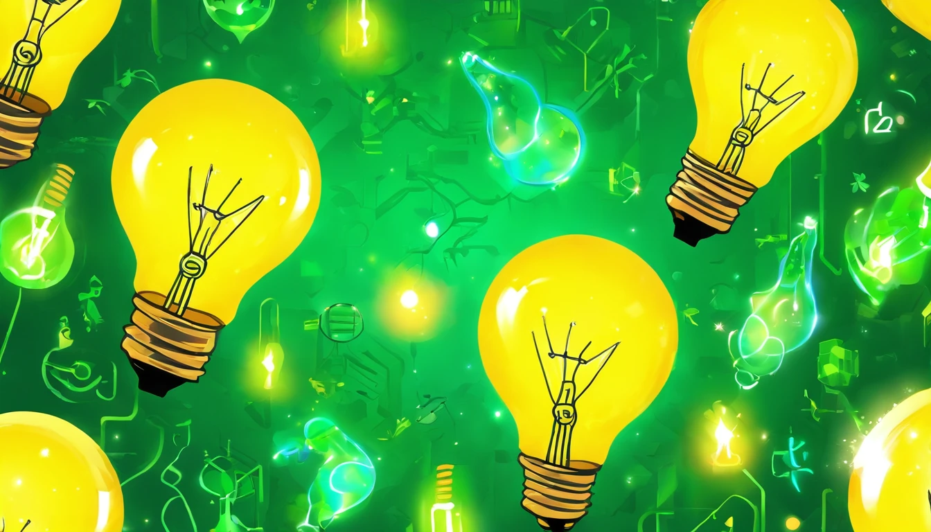 Desenho, com fundo de folhas verdes desfocadas, and a single main image of a not-so-bright yellow bulb, with icons around this light bulb, Each icon represents a different interpretation of the concept of energy for chemistry, biology and physics