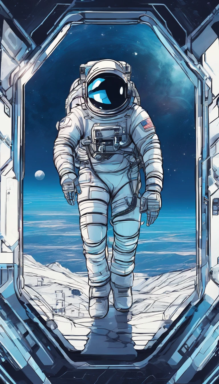 The astronaut looks out the window of the spacecraft，Large area of windows，Blue hues inside the spacecraft，Neon light，Vista da cidade a partir da janela