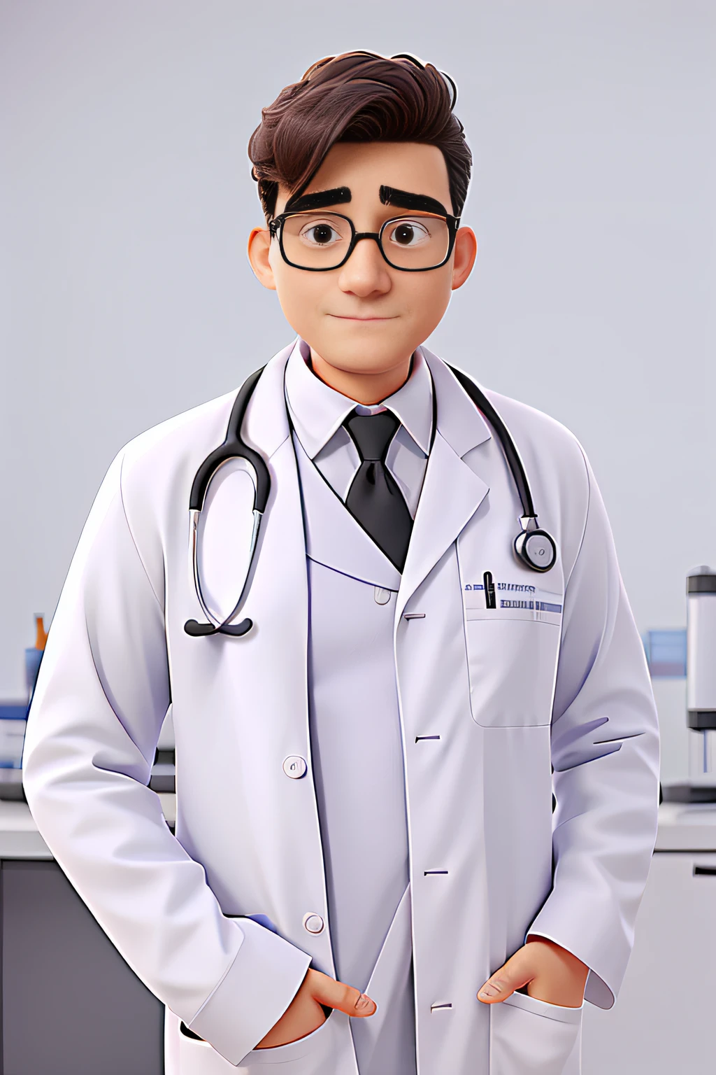 a wise man, medic, dressed in a white coat and a stethoscope around his neck, usando gravata, Wearing black-framed prescription glasses, With his hands in his lab coat pocket.