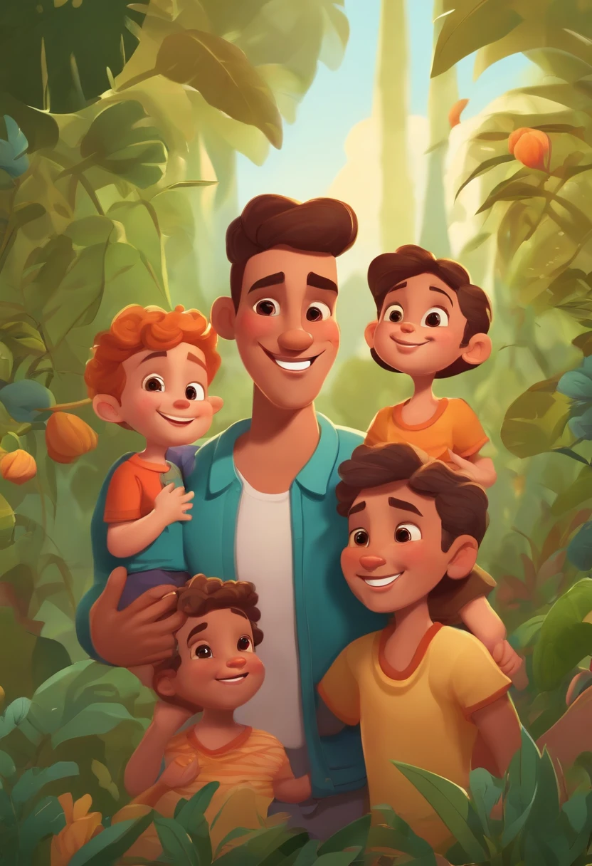 Cartoon character of a man with his three happy children in an environment with plants background