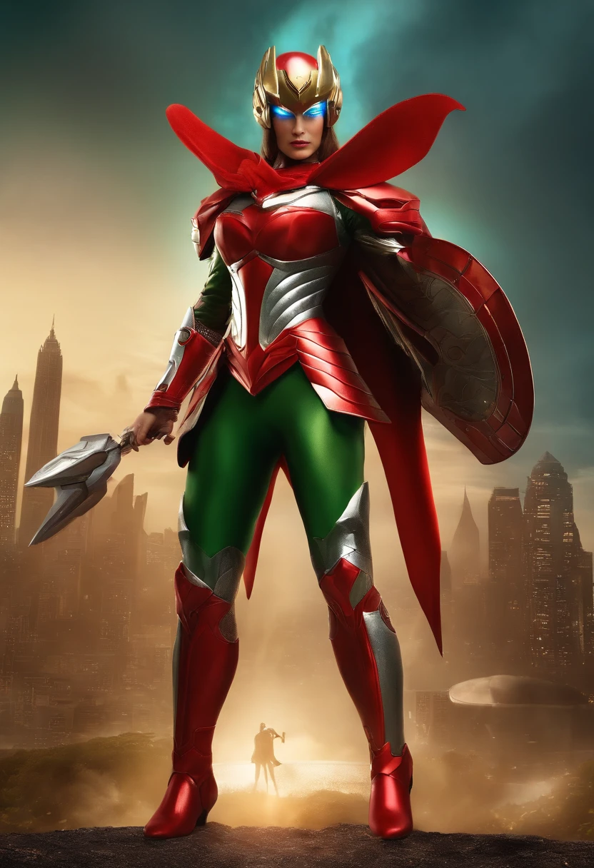 imagem de corpo inteiro, Standing, Princesa Zelda gigante, (vermelho com traje prateado:1.5), como Ultraman, mamas imensamente grandes1, terno de corpo muito apertado, maquiagem pesada no rosto, Light blue jewelry on breastplate, helmet on the head, Batom vermelho na boca, (ela olhos verdes:1.5, cabelos azuis:1.5), olhando para o espectador de frente, She is in a futuristic city with several monsters attacking the buildings, Tokusatsu, Ultraman, estilo anime, Cinematic lighting, 16k, UHD, master part, best quality, Detalhes altos