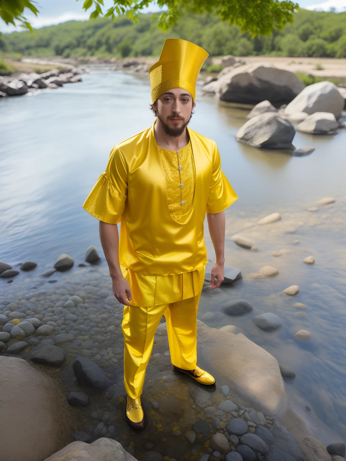 Arafed Man in Yellow Costume Standing in Shallow River, com panos amarelos, wearing authentic attire, rei em amarelo, vestindo trajes tradicionais, Roupas amarelas, usando gaze amarela de trigo, amarelo, O Rei em Amarelo, manto amarelo, roupas tradicionais, Sam Hyde em terno dourado, traditional clothing, Traje Tai, authentic costume, vestes amarelas, nunca antes visto