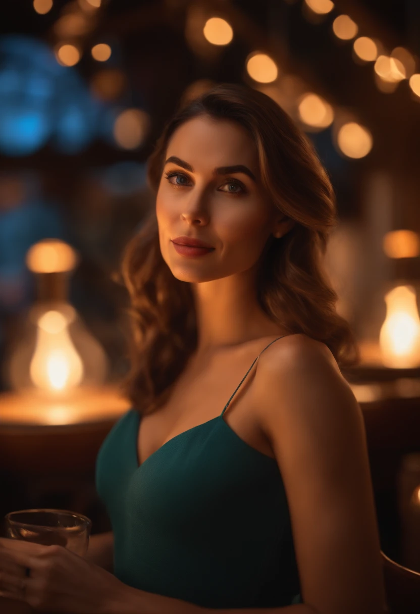 A woman standing in front, illuminated by light from a lamp, taking a selfie, against the background of a restaurant, Disney Character, Character Pose, (Pixar Style) (Master Piece:1.2) (Bokeh) (Best Quality ) (detailed skin) (detailed texture) (8k) (clay) (Cinematic lighting) (sharp focus)