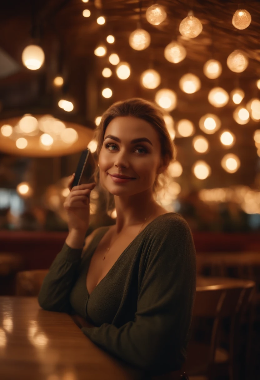 A woman standing in front, illuminated by light from a lamp, taking a selfie, against the background of a restaurant, Disney Character, Character Pose, (Pixar Style) (Master Piece:1.2) (Bokeh) (Best Quality ) (detailed skin) (detailed texture) (8k) (clay) (Cinematic lighting) (sharp focus)
