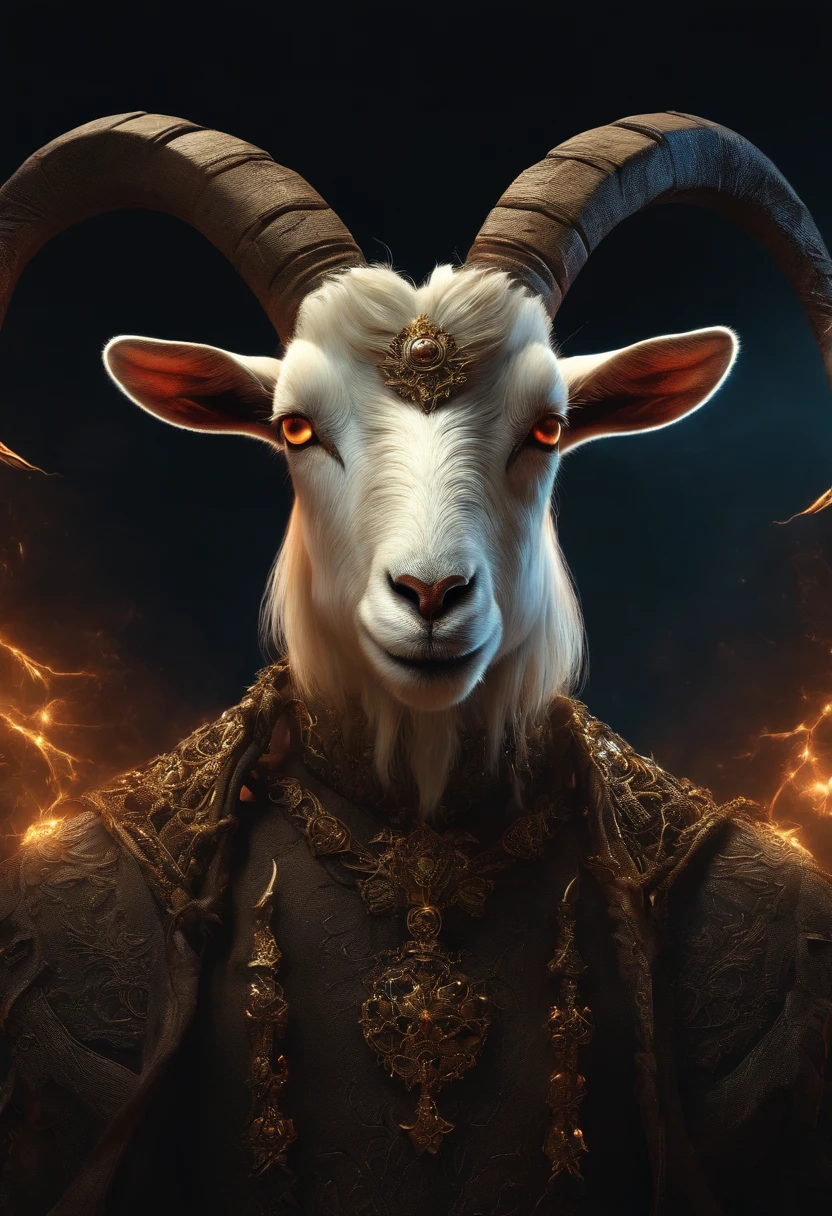GOAT, KING, HERO, glowing light eyes, Biomechanical, eerie, Creepy, nightmarish, Very bright colors, Light particles, with light glowing, Mshiff, wallpaper art, UHD wallpaper