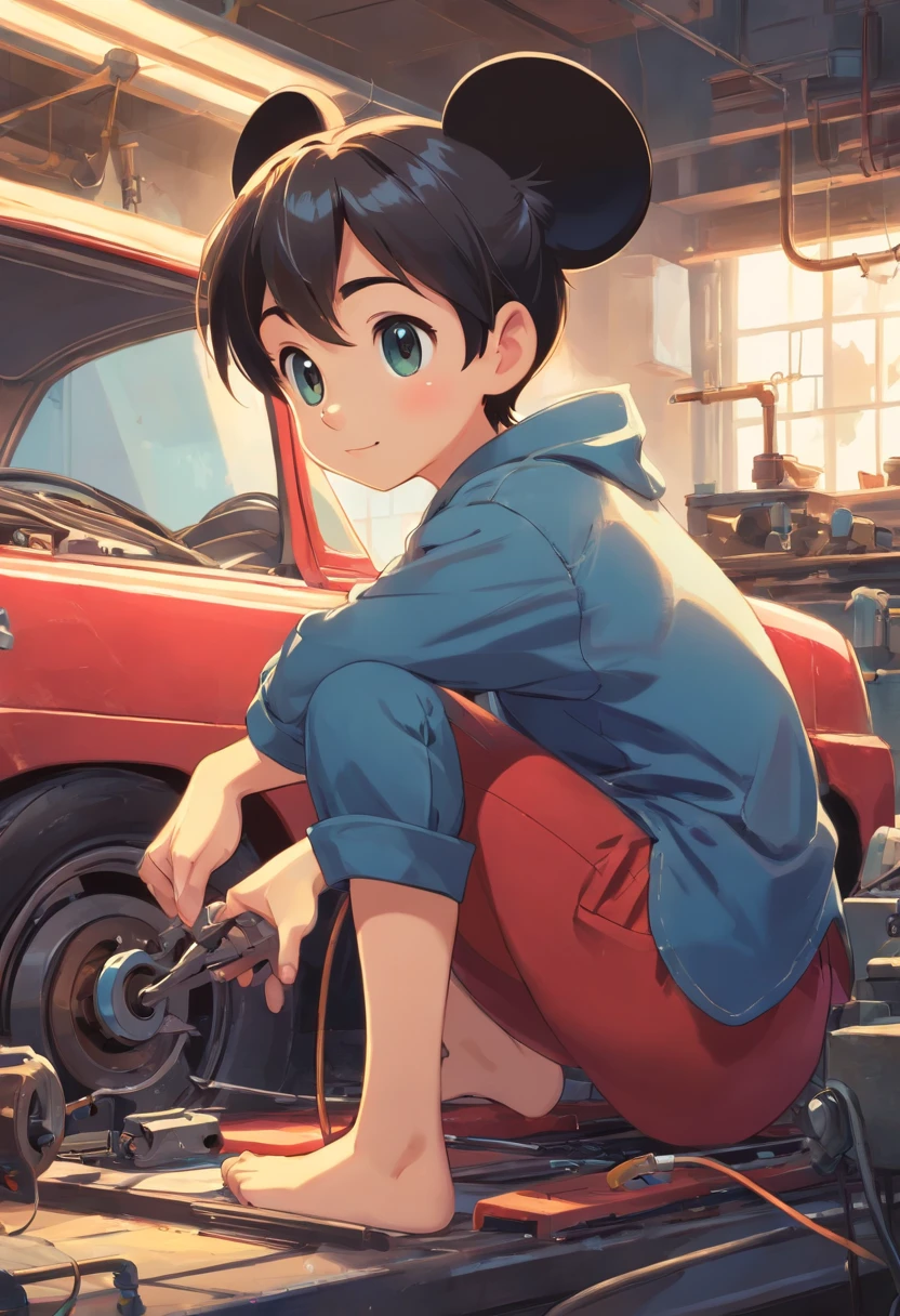 "A masterpiece illustration of Mickey Mouse as a skilled mechanic repairing a car, Featuring perfect body proportions and an impeccably detailed head, in high definition."