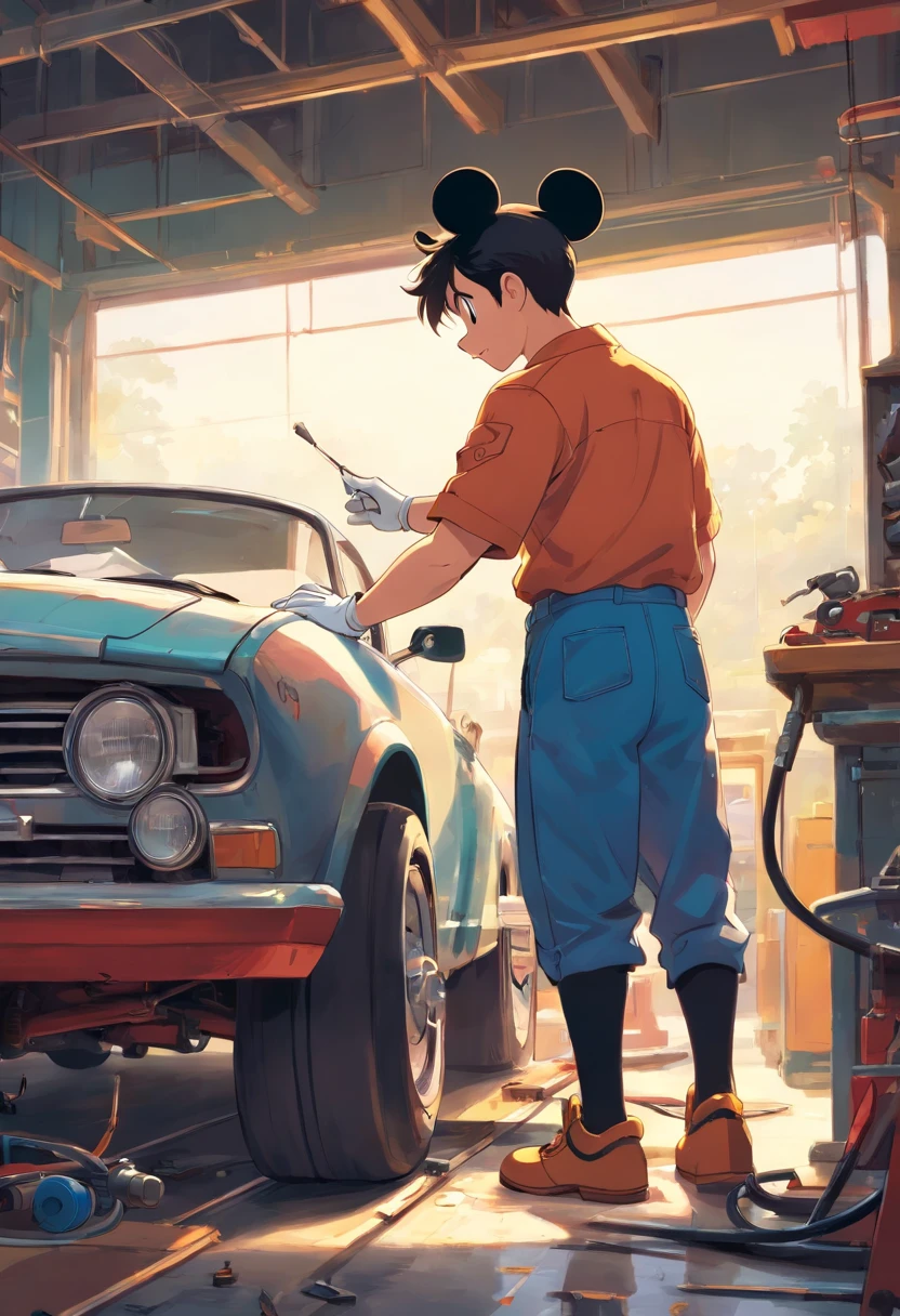 "A masterpiece illustration of Mickey Mouse as a skilled mechanic repairing a car, Featuring perfect body proportions and an impeccably detailed head, in high definition."