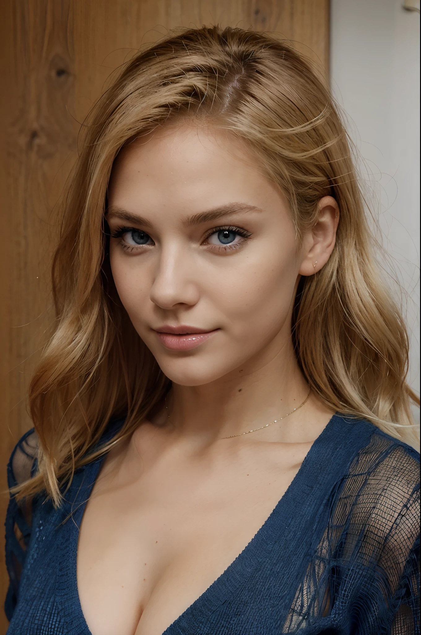 a one woman, americana, age 25, pale skin and freckles, grey-eyed, delicate nose, soft and delicate lips, distant, distant, wavy, waist-length blonde hair, Sweet smile, face with delicate feminine facial features, Highly Rendering, golden bracelet