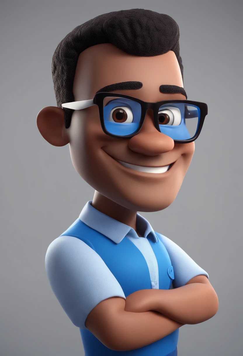 Cartoon character of a man with black glasses and a blue shirt, animation character, Caractere estilizado, animation style rendering, 3D estilizado, Arnold Maya render, 3 d render stylized, toon render keyshot, Personagem 3D, Personagem 3D, 3d rendering stylized, 3 d character render, personagem de desenho animado, Personagem de close up, Pose de personagem,  (Estilo Pixar) (master part:1.2) (Bokeh) (best quality) (pele detalhada) (textura detalhada) (8k) (argila) (Cinematic lighting) (foco nítido