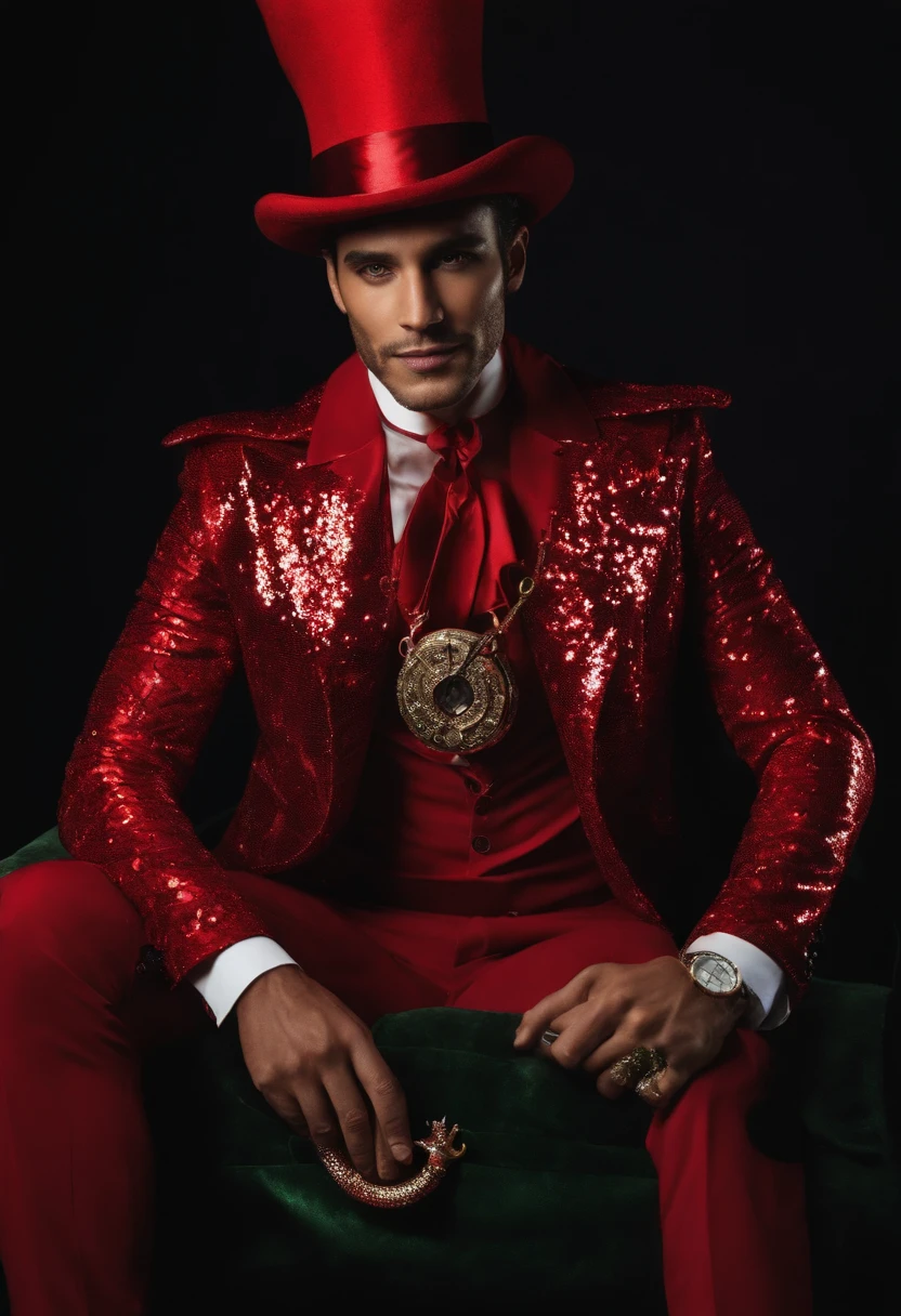 Um Homem magro e mau com um sorriso macabro, Dressed in a red magician outfit with shiny sequins, Half serpent body looking forward holding a hypnosis watch in hand, His face has reptilian features and greenish skin