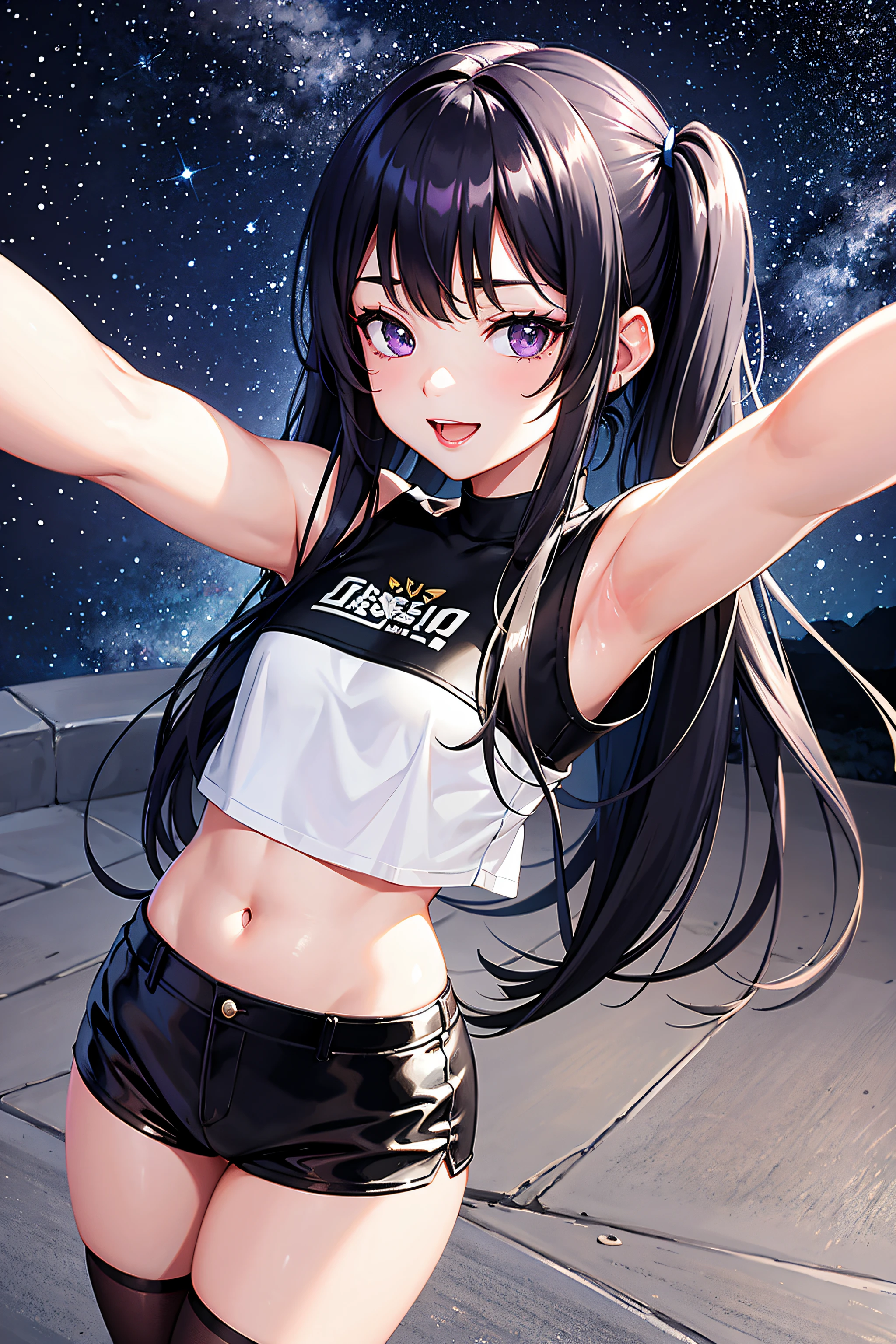 selfie, ,Beautiful illustration、masterpiece, top-quality,  from above, night, ((alley)), 1 girl,A Cute  girl、mini girl, 4th grup,  standing, talking, seductive smile, open mouth, black hair, twintails, purple eyes, ((black hotpants)),sexy, Tshirt , lovely thighs、glowing thigh, shinyskin, sexy, nsfw,