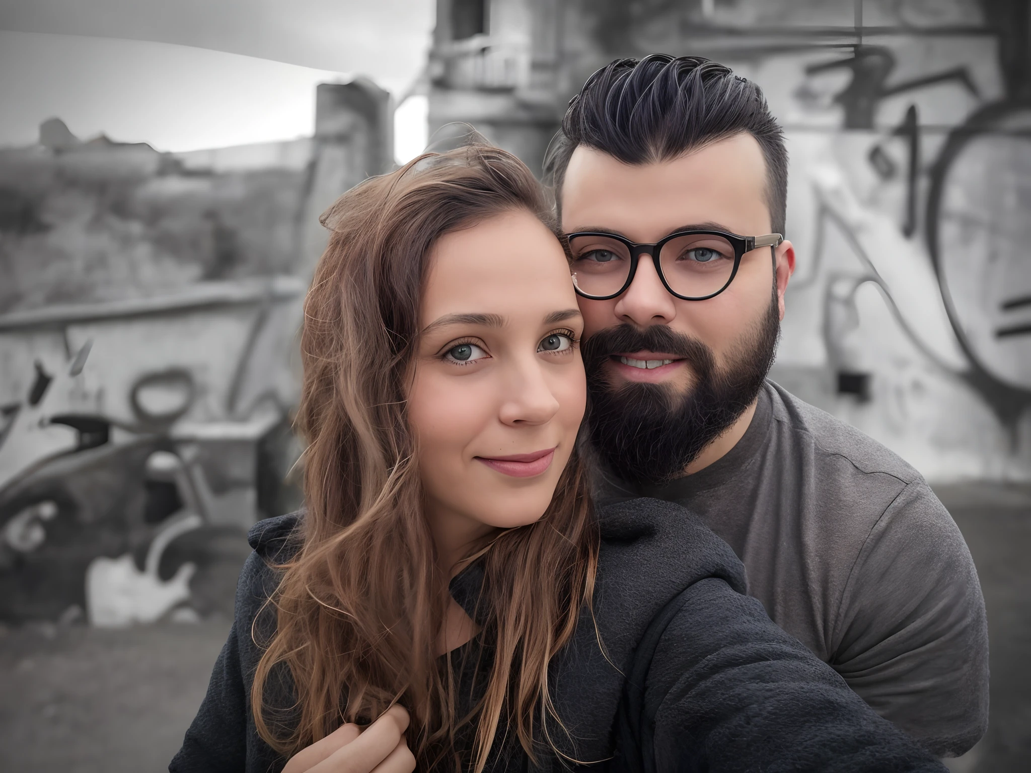 There is a man and a woman taking a selfie in front of a graffiti-covered wall, retrato de casal, retrato de casais, Casal feliz, Retrato de duas pessoas, Fotografia selfie 8k, Magali Villeneuve e Monet, Lovely couple, imagem retrato, Ayanamikodon e Irakli Nadar, Directed by: Nandor Soldier, homem e mulher