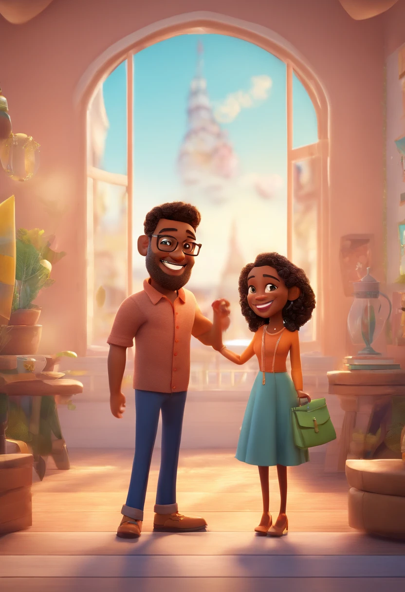 An illustration of an adorable couple, Highlight for a chubby mulatto man with glasses smiling and a brunette woman with beautiful expressive eyes - the man's skin is mulatto and the man's hair haswhile the woman's skin is black and the woman's hair is straight and brown. They are a bright room, cada um com um sorriso no rosto, e compartilhar um momento especial caracterizado pelo amor, Insights. Illustrate this scene from a perspective where they are facing the camera, Smiling and Showing Your Connection. Desenvolva esta arte em Full HD, Focus on your cinematic touch, Estilo Disney Pixar Animations