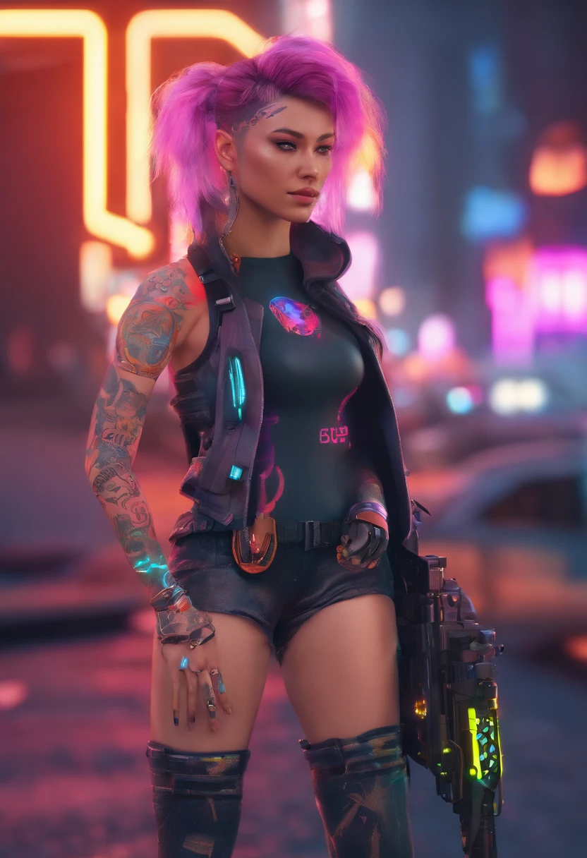 cyberpunk girl, Stadtbild, Neonlichter, Arm-Tattoos