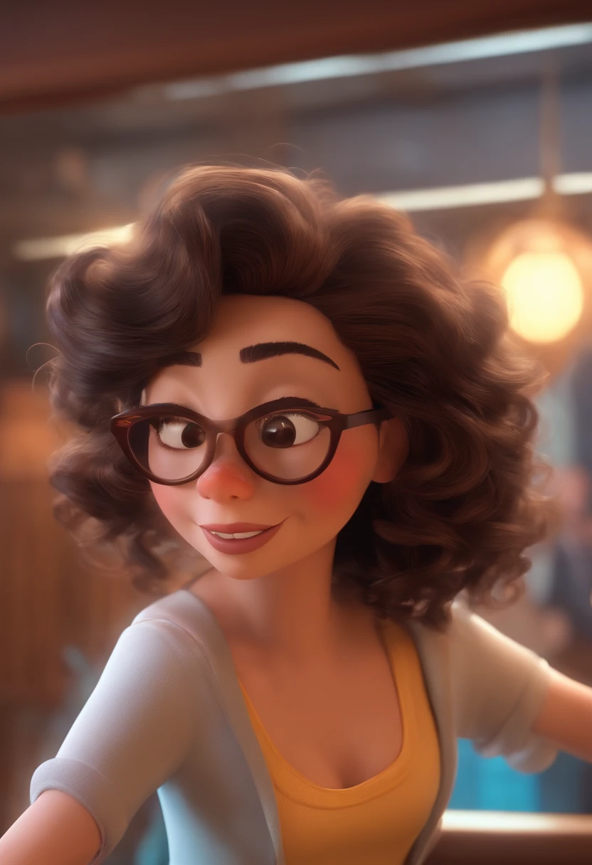Pixar style image with 3D character white glasses brunette woman short curly hair dancing, Maquiagem Disney,Pescador, bonitinho, sorridente ,Close-up, Pixar, Disney, Cinema lighting,