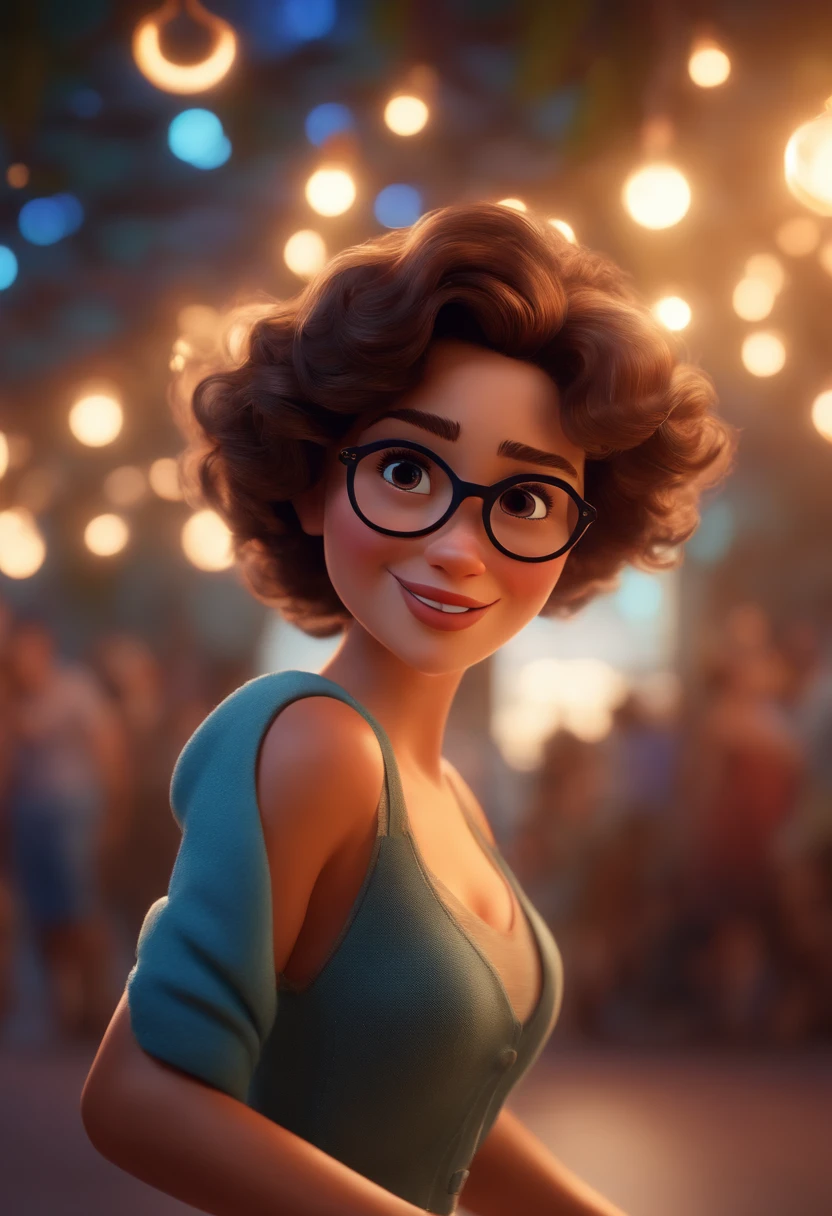 Pixar style image with 3D character white glasses brunette woman short curly hair dancing, Maquiagem Disney,Pescador, bonitinho, sorridente ,Close-up, Pixar, Disney, Cinema lighting,