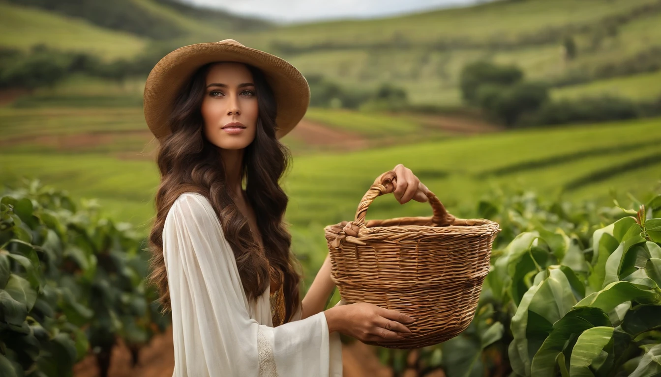 revista de moda，ultrarealism oil painting，Long-haired girl， camponesa, Works on the coffee plantation, He carries a basket of straw on his head, Their raised arms balance the basket, fundo Verde claro，Coffee plating background，O estilo do artista Bruce Zheng，cabelos brilhantes，lente de cowboy，art-deco，Verismo，Premiados, retinas